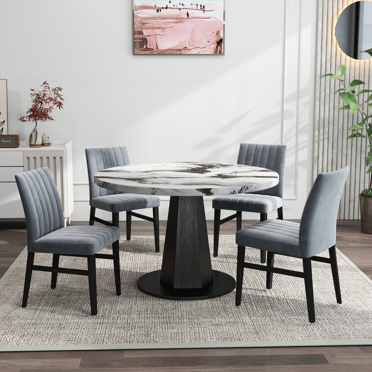 Roundhill Furniture Cavira 5-Piece Modern Dining Set, Faux Marble Dining Table with Four Chairs