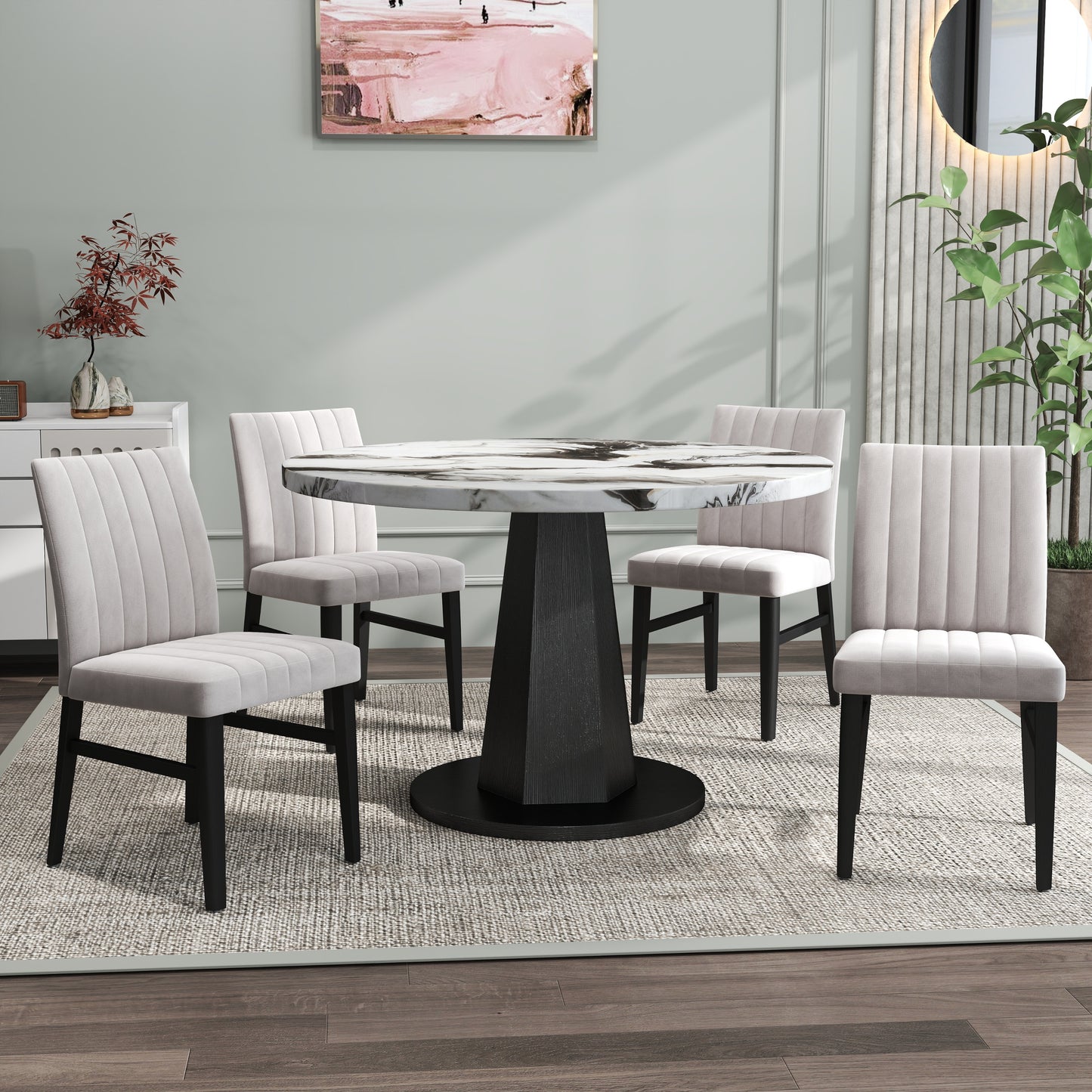 Roundhill Furniture Cavira 5-Piece Modern Dining Set, Faux Marble Dining Table with Four Chairs