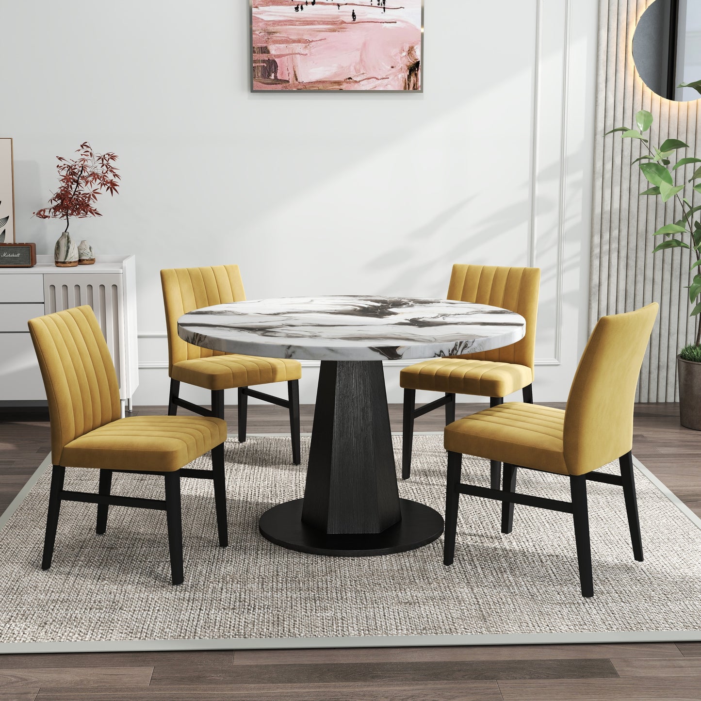 Roundhill Furniture Cavira 5-Piece Modern Dining Set, Faux Marble Dining Table with Four Chairs