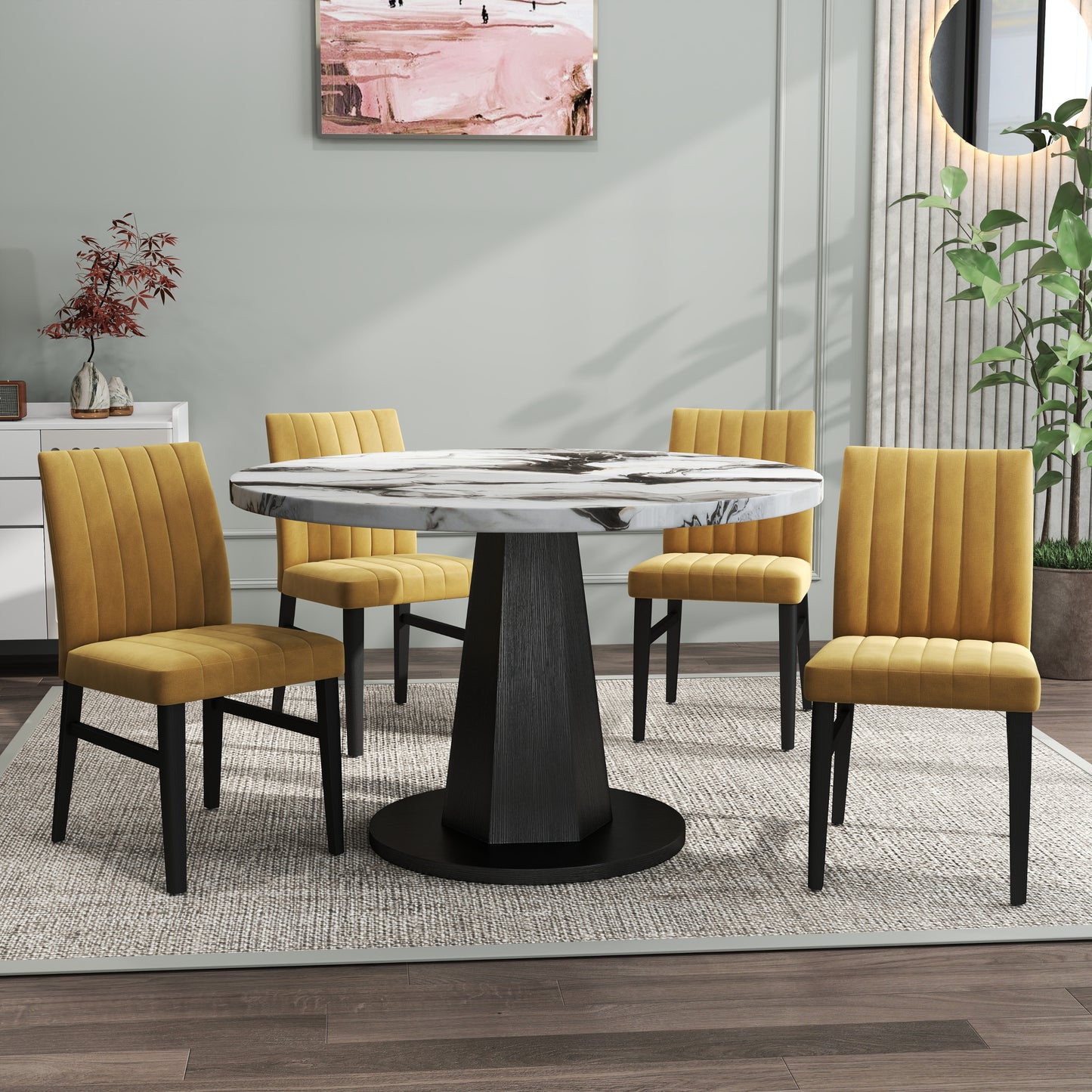 Roundhill Furniture Cavira 5-Piece Modern Dining Set, Faux Marble Dining Table with Four Chairs