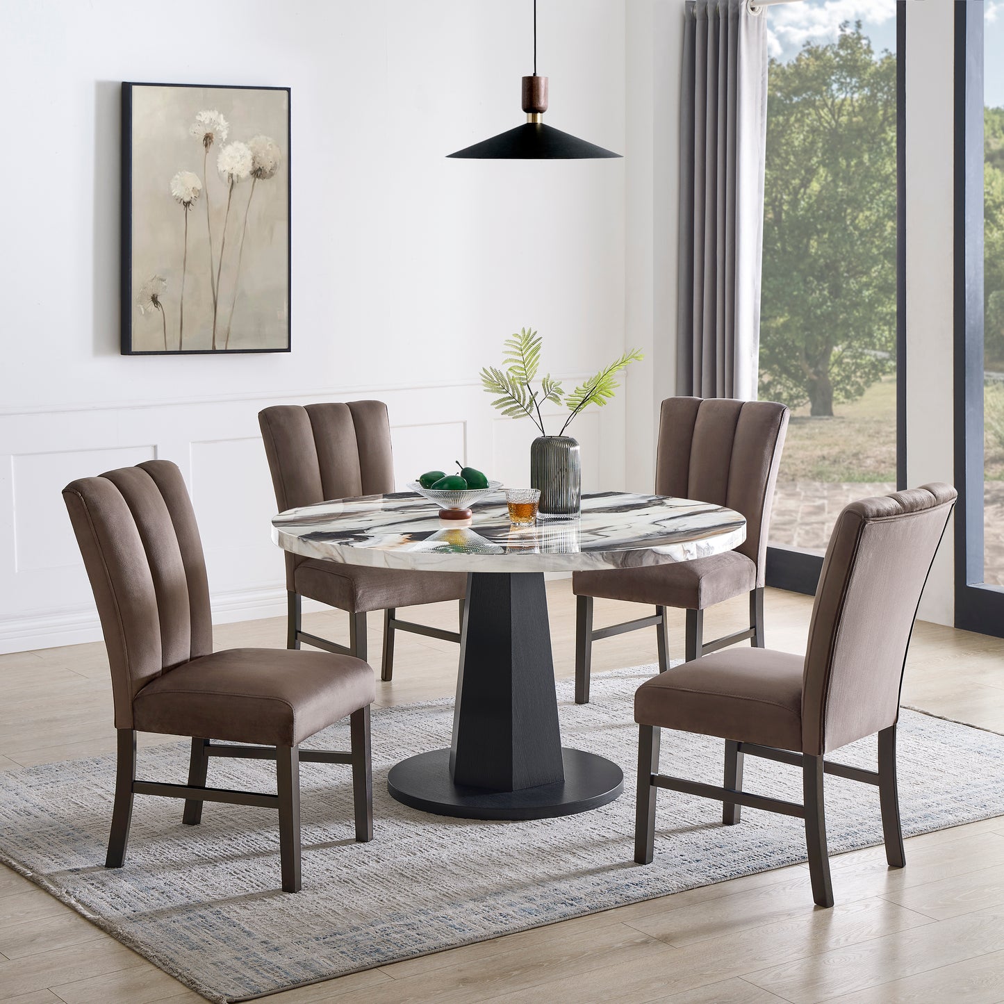 Roundhill Furniture Cavira 5-Piece Modern Dining Set, Faux Marble Dining Table with Four Upholstered Chairs
