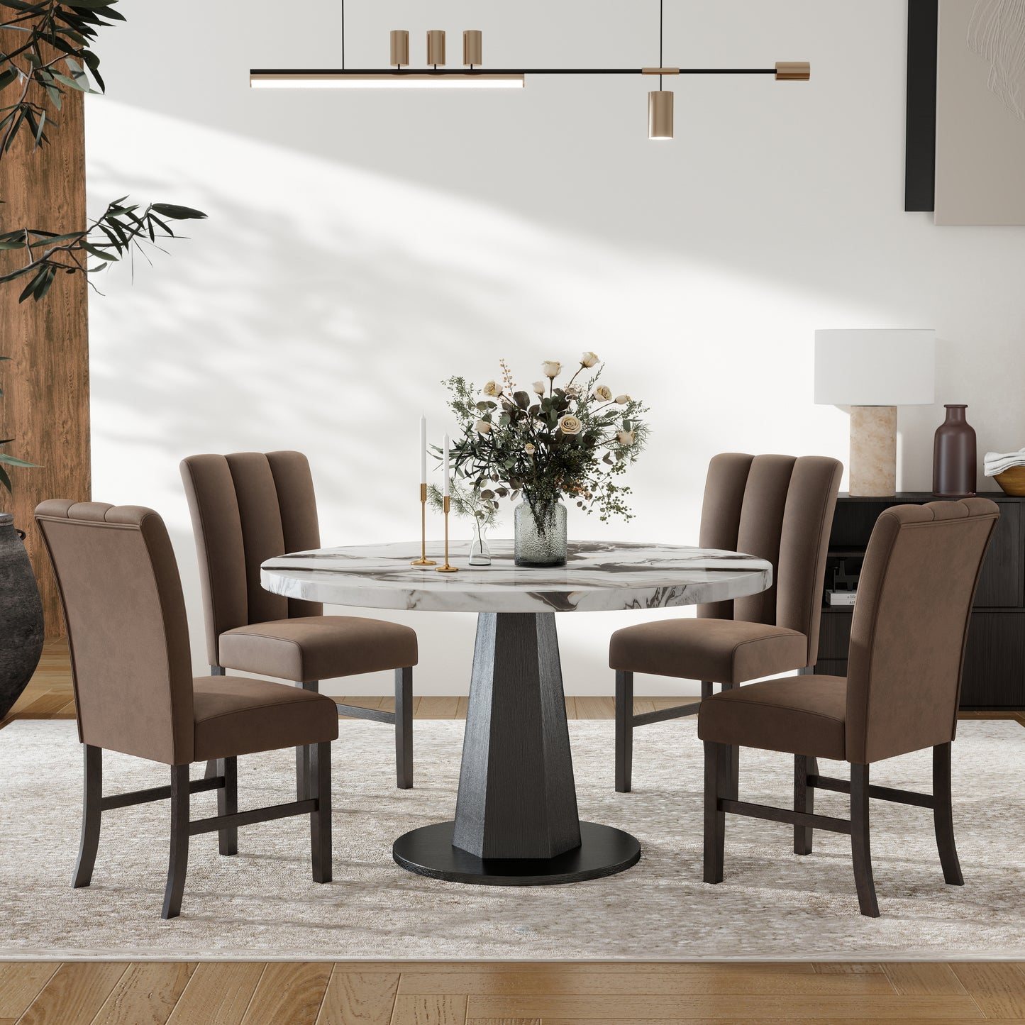 Roundhill Furniture Cavira 5-Piece Modern Dining Set, Faux Marble Dining Table with Four Upholstered Chairs