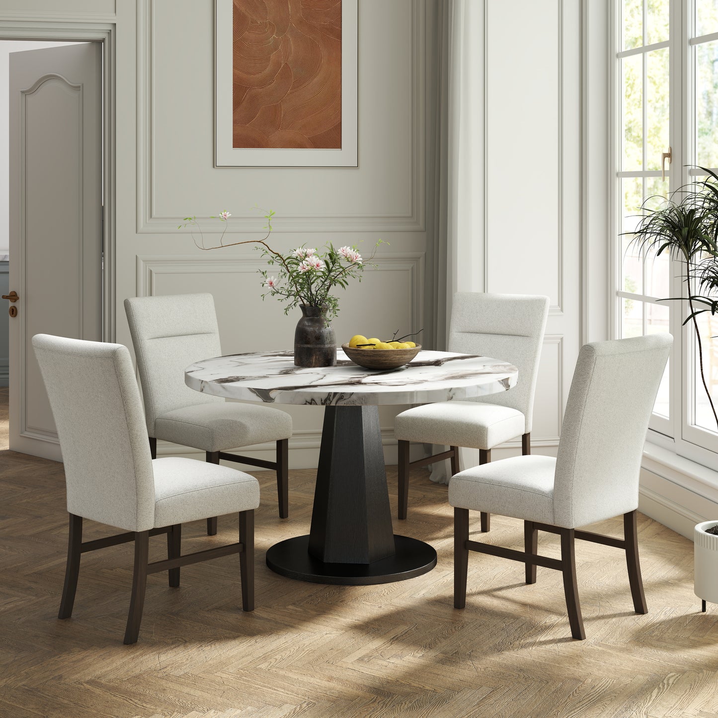 Roundhill Furniture Cavira 5-Piece Modern Dining Set, Faux Marble Dining Table with Four Upholstered Chairs