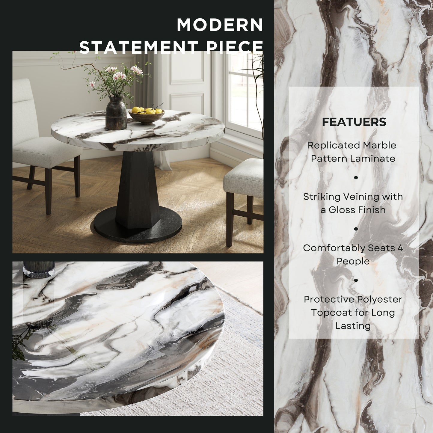 Roundhill Furniture Cavira 5-Piece Modern Dining Set, Faux Marble Dining Table with Four Upholstered Chairs