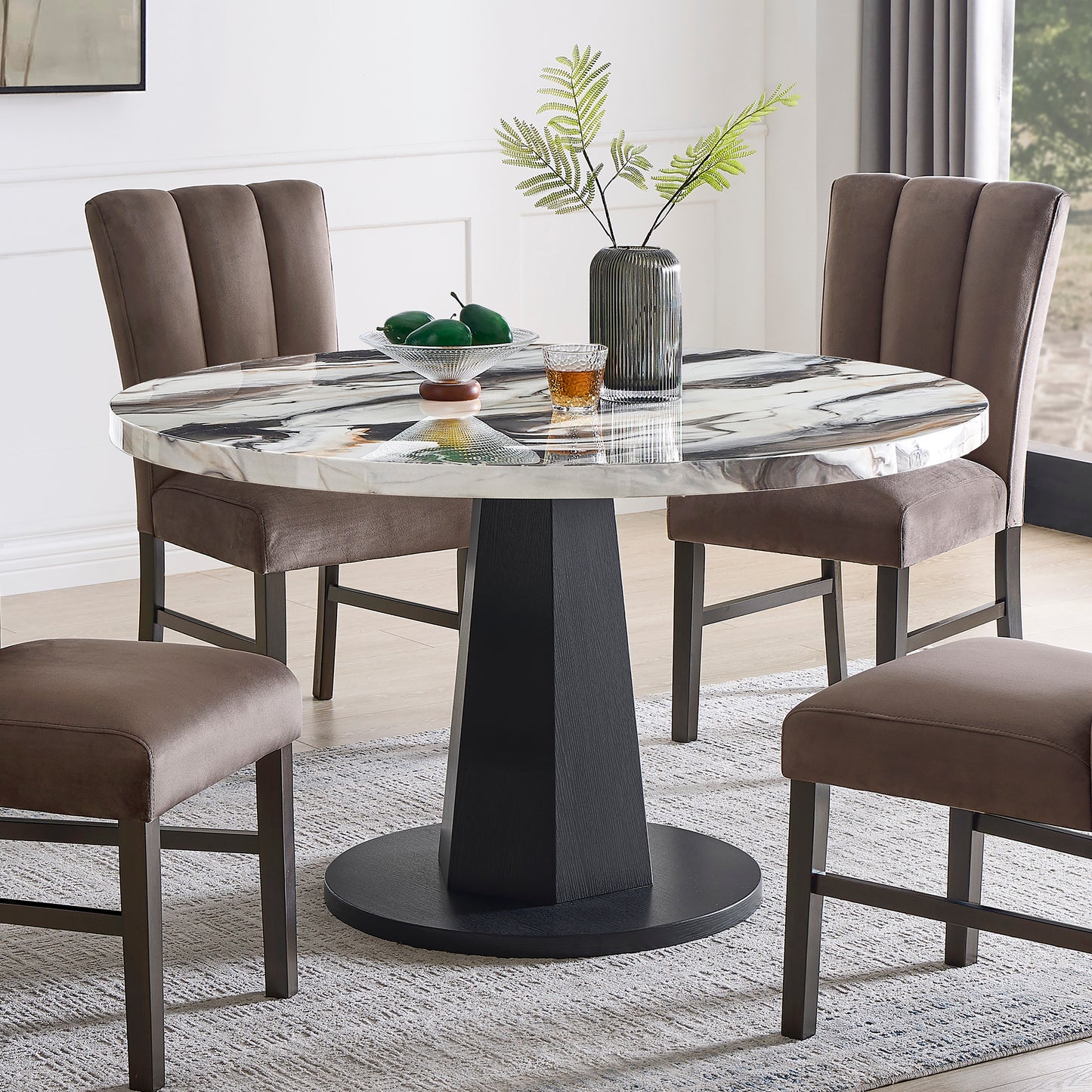 Roundhill Furniture Cavira Modern Faux Marble Dining Table with Wood Pedestal Base