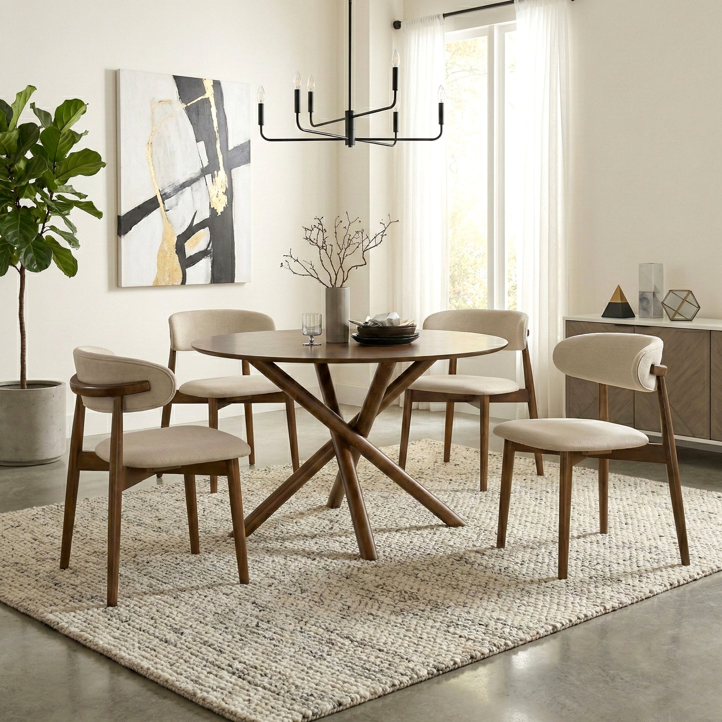 Roundhill Furniture Arnott 5-Piece Dining Set, Round Dining Table with 4 Stylish Chairs, Walnut Finish