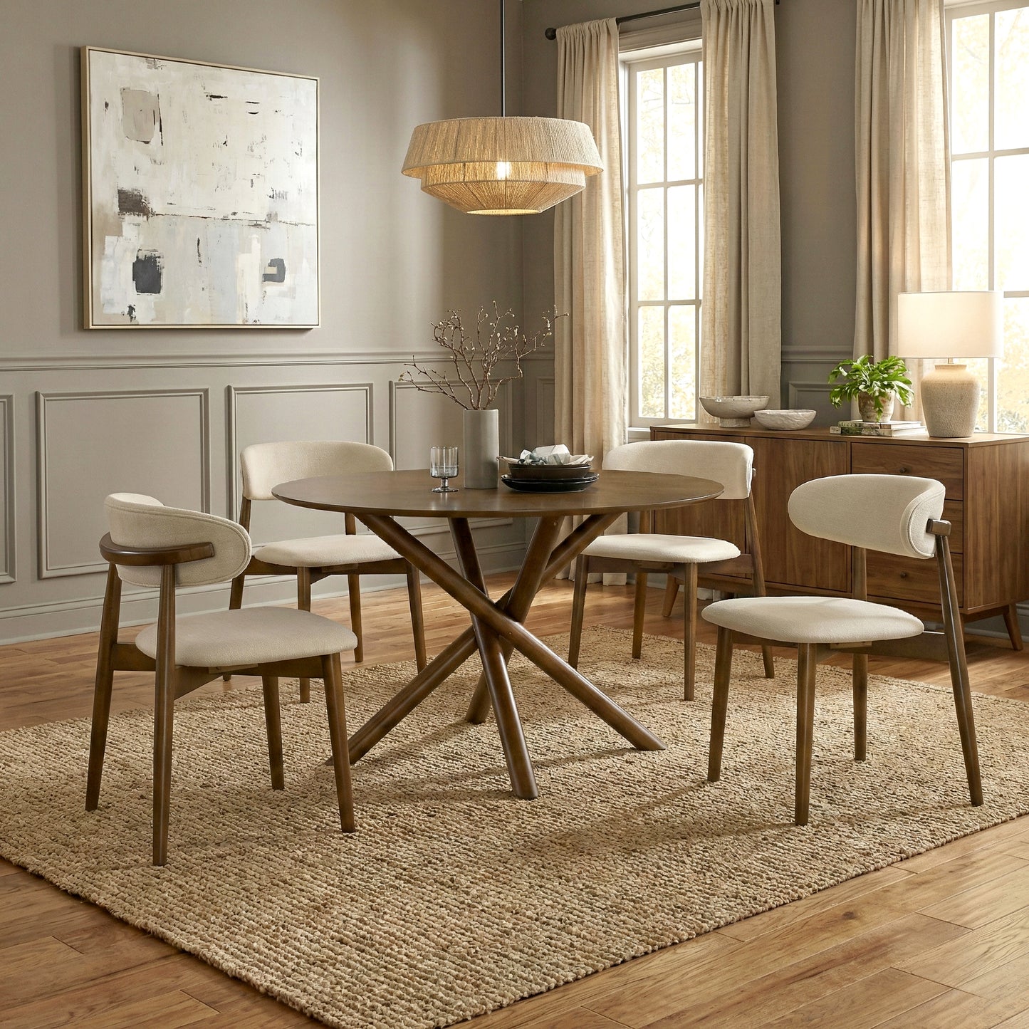 Roundhill Furniture Arnott 5-Piece Dining Set, Round Dining Table with 4 Stylish Chairs, Walnut Finish
