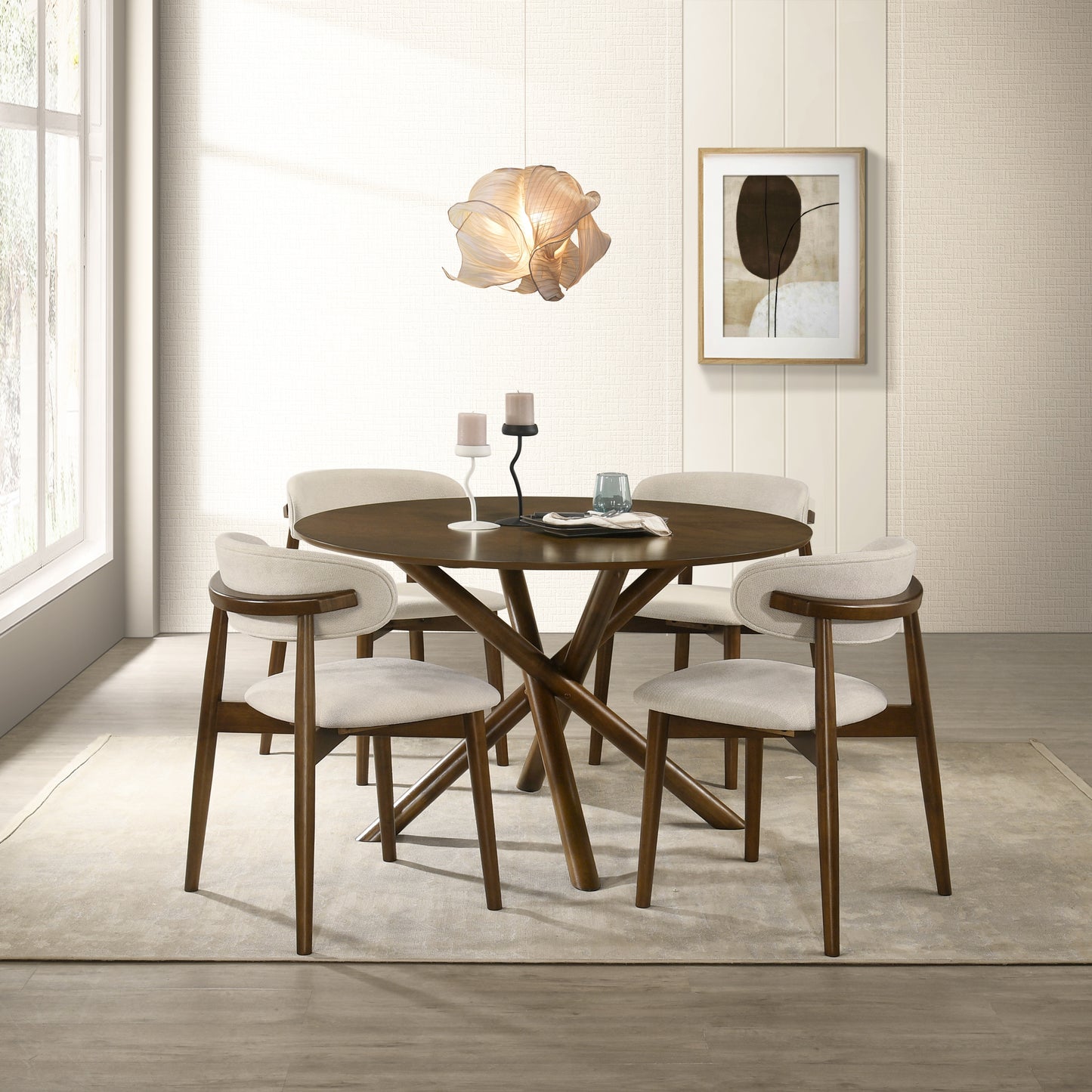 Roundhill Furniture Arnott 5-Piece Dining Set, Round Dining Table with 4 Stylish Chairs, Walnut Finish