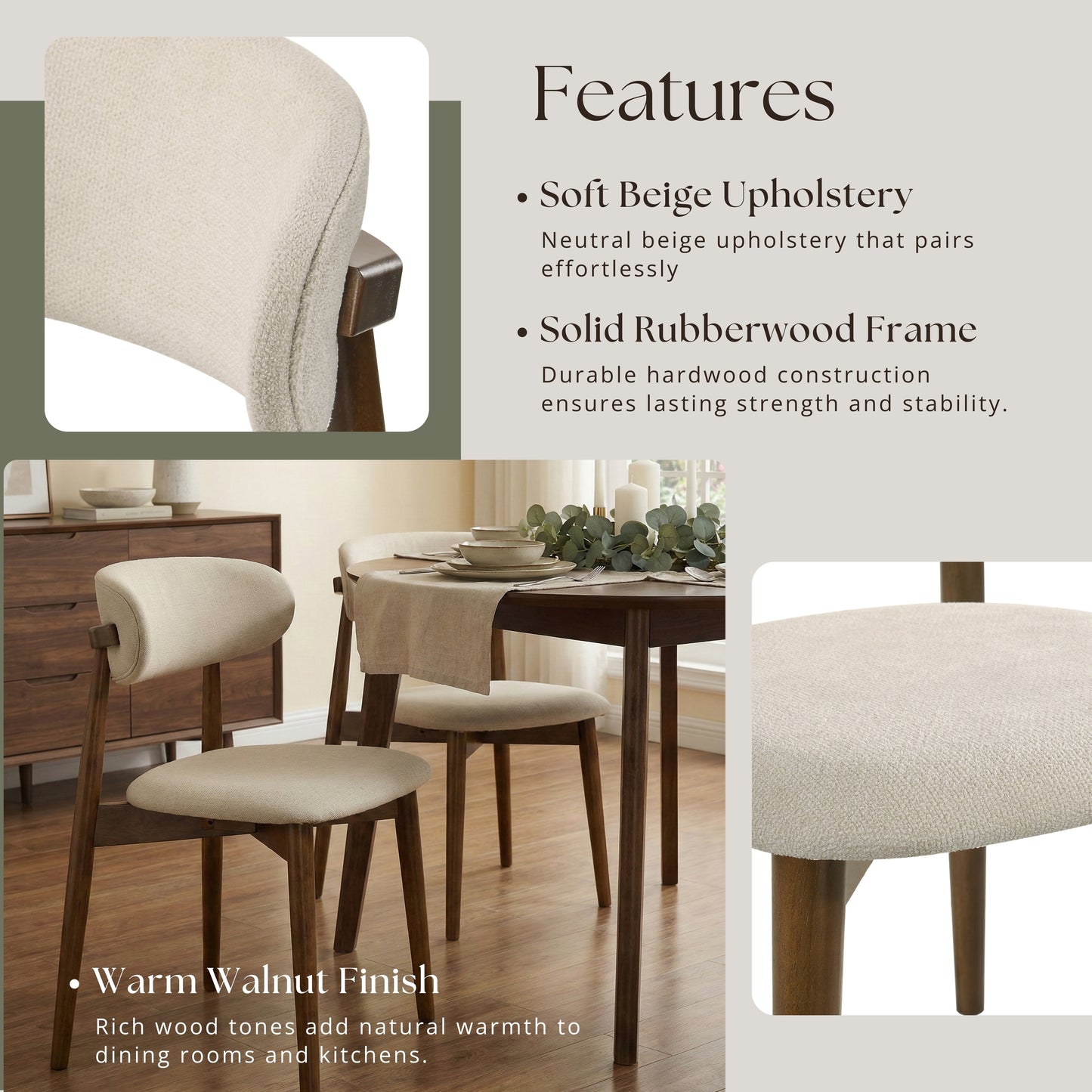 Roundhill Furniture Arnott 5-Piece Dining Set, Round Dining Table with 4 Stylish Chairs, Walnut Finish