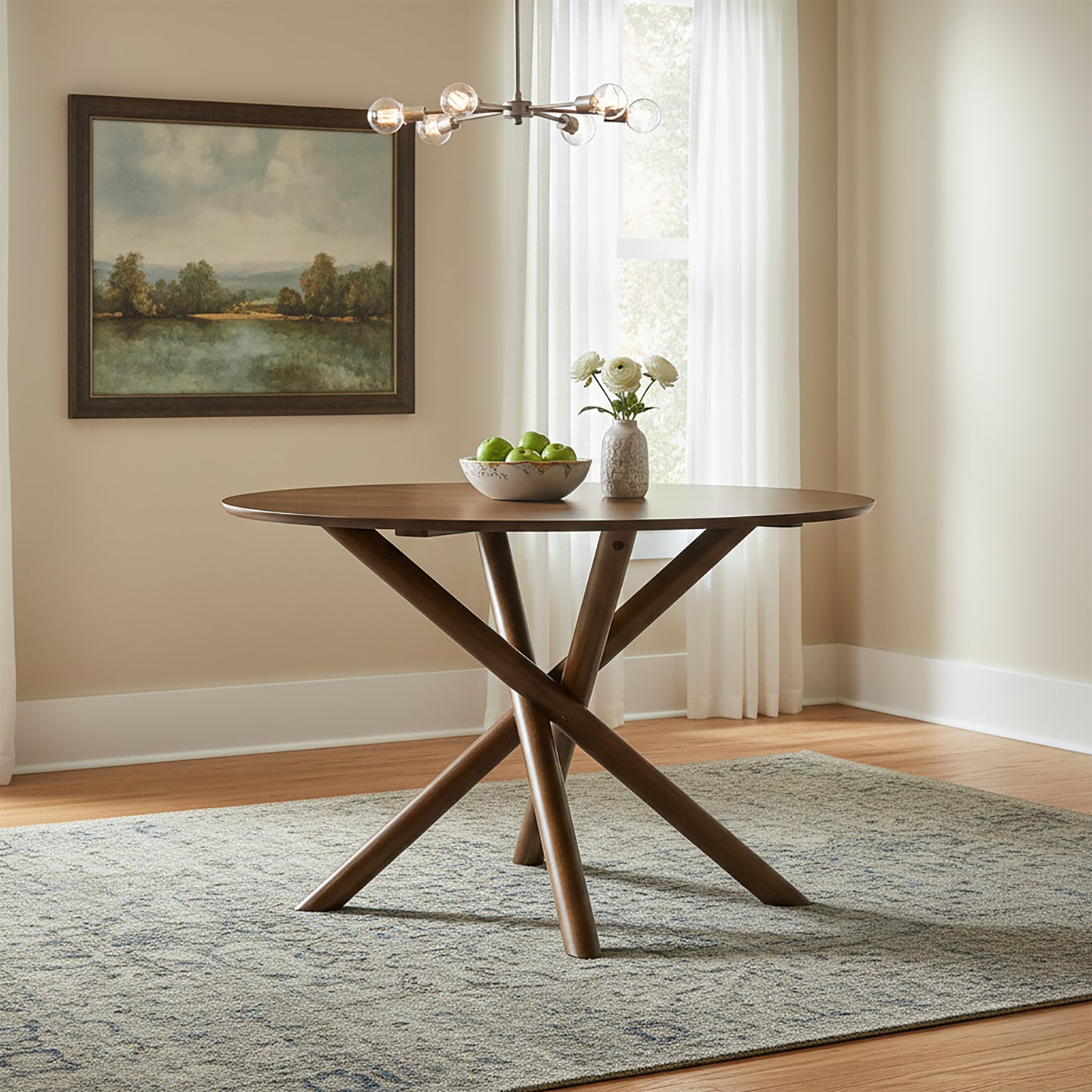 Roundhill Furniture Arnott 5-Piece Dining Set, Round Dining Table with 4 Stylish Chairs, Walnut Finish