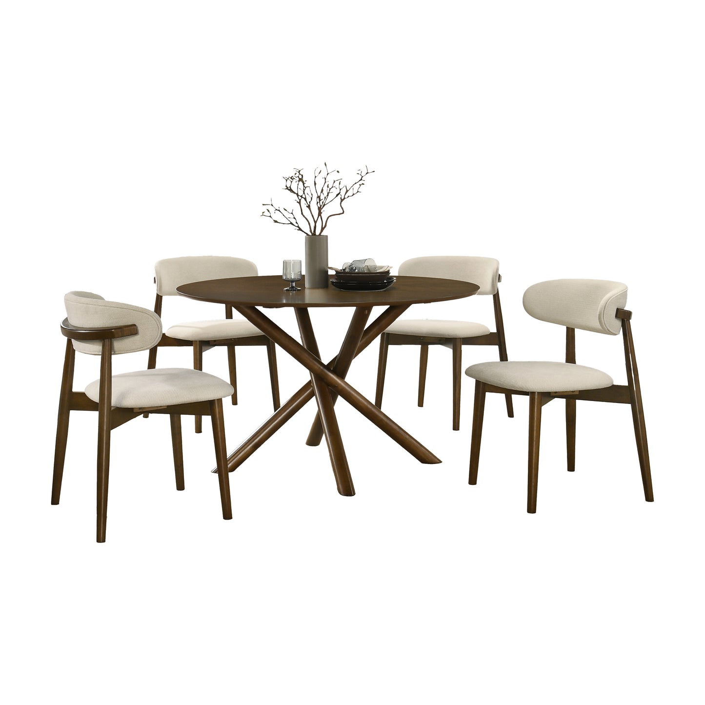 Roundhill Furniture Arnott 5-Piece Dining Set, Round Dining Table with 4 Stylish Chairs, Walnut Finish