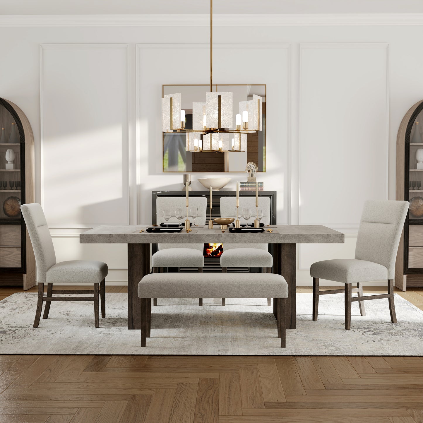 Roundhill Furniture Sorlen Modern 6-Piece Dining Set, 3D Faux Concrete Table with 4 Chairs and Bench