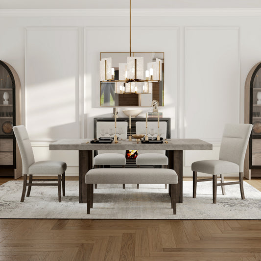 Roundhill Furniture Sorlen Modern 6-Piece Dining Set, 3D Faux Concrete Table with 4 Chairs and Bench