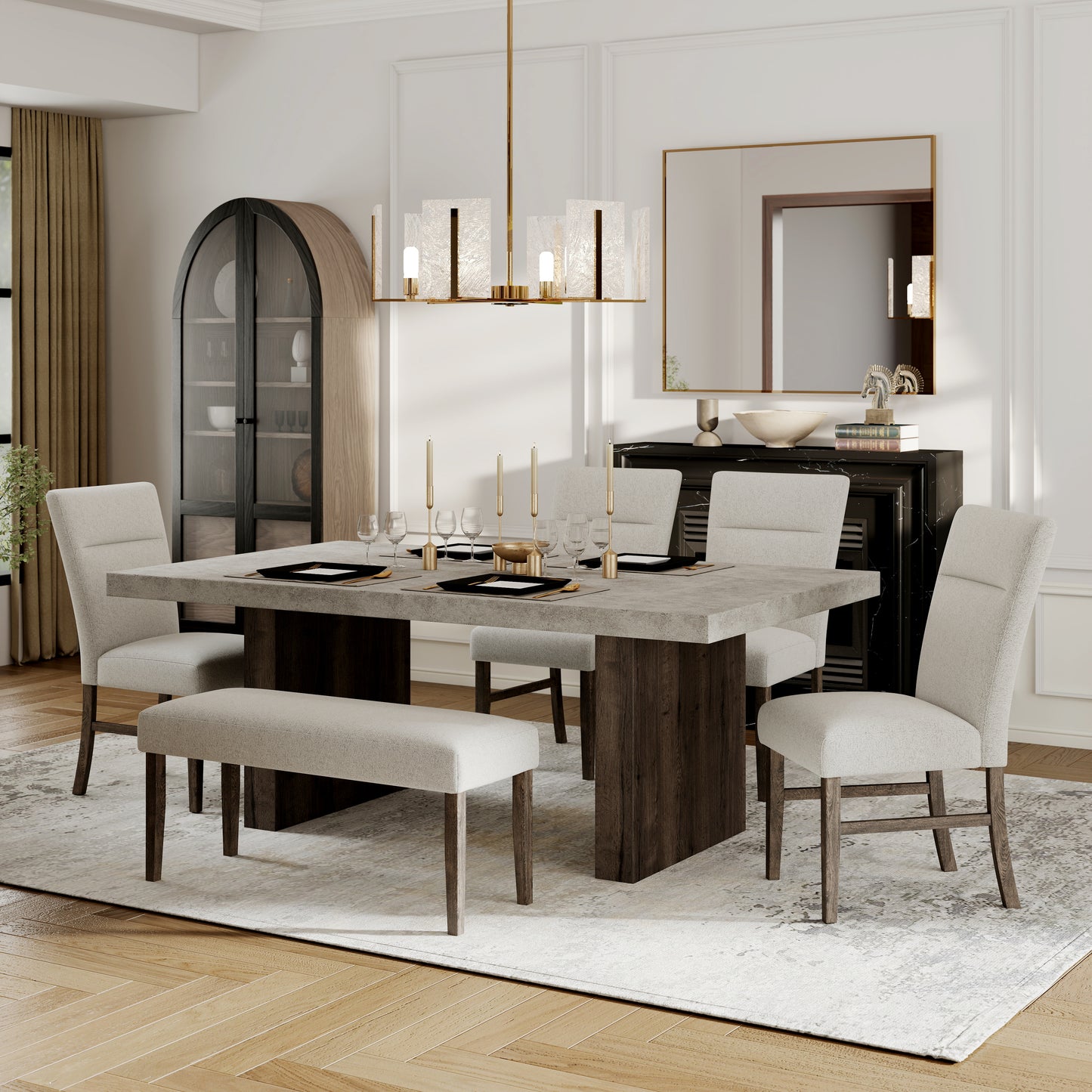 Roundhill Furniture Sorlen Modern 6-Piece Dining Set, 3D Faux Concrete Table with 4 Chairs and Bench