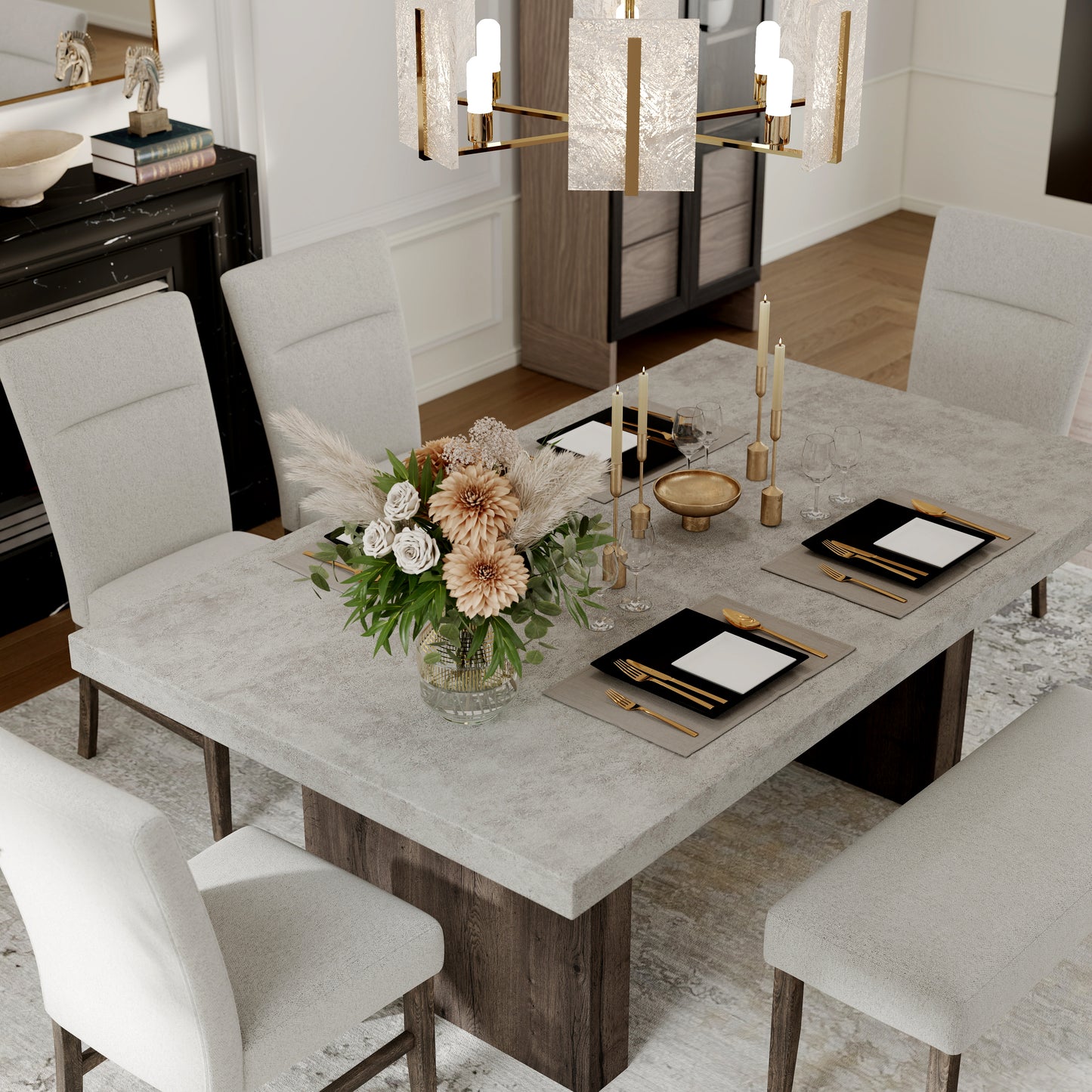 Roundhill Furniture Sorlen Modern 6-Piece Dining Set, 3D Faux Concrete Table with 4 Chairs and Bench