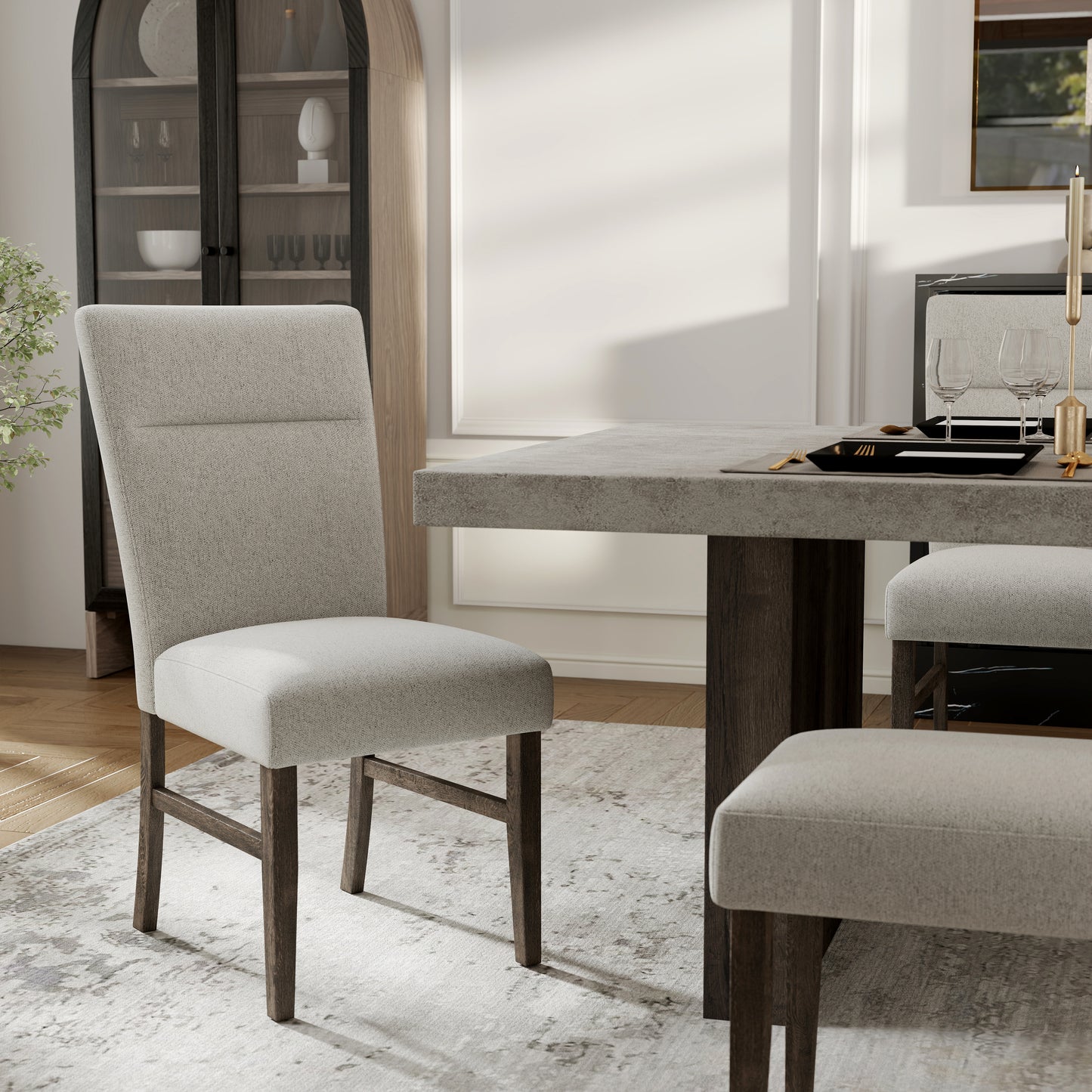 Roundhill Furniture Sorlen Modern 6-Piece Dining Set, 3D Faux Concrete Table with 4 Chairs and Bench