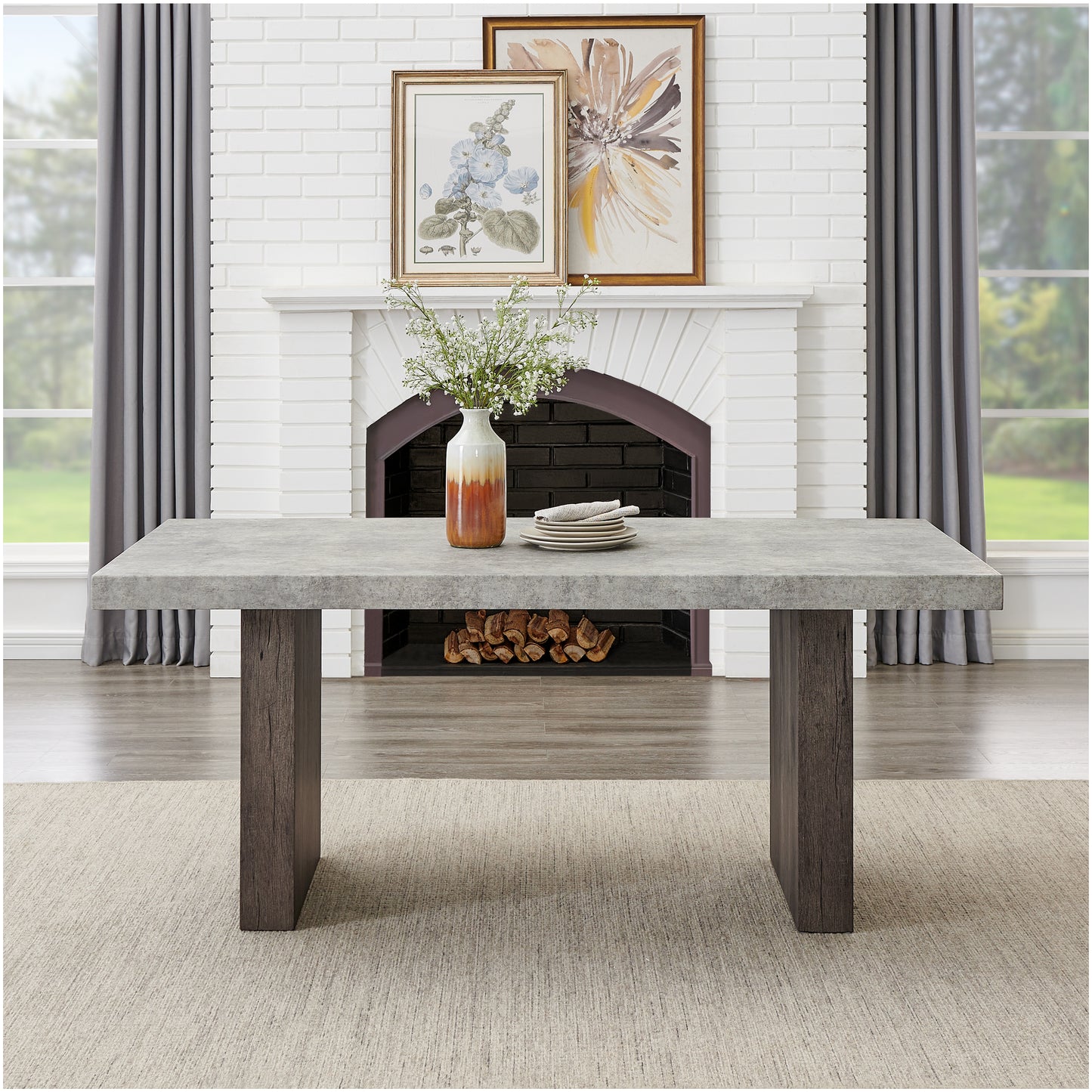 Roundhill Furniture Sorlen Modern 6-Piece Dining Set, 3D Faux Concrete Table with 4 Chairs and Bench