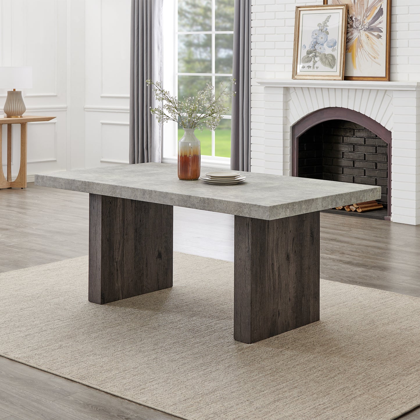 Roundhill Furniture Sorlen Modern 6-Piece Dining Set, 3D Faux Concrete Table with 4 Chairs and Bench