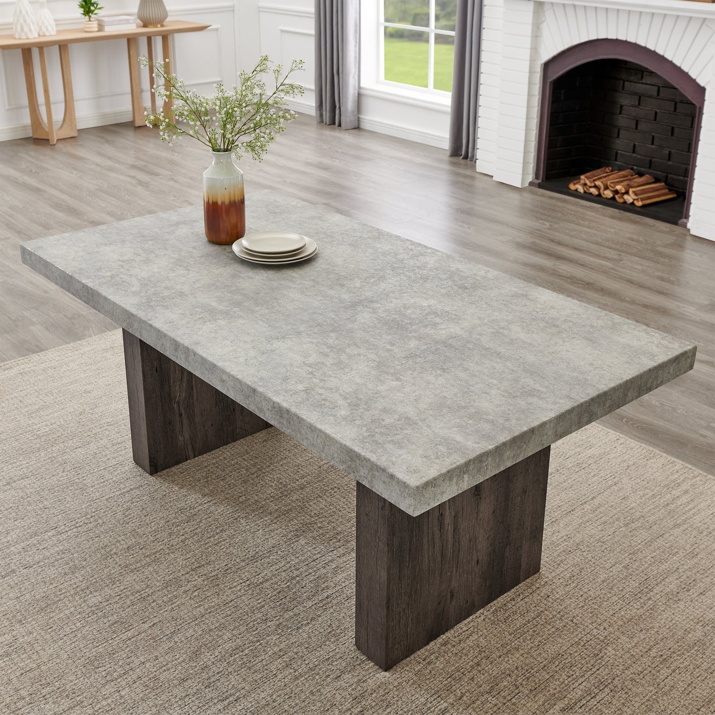 Roundhill Furniture Sorlen Modern 6-Piece Dining Set, 3D Faux Concrete Table with 4 Chairs and Bench