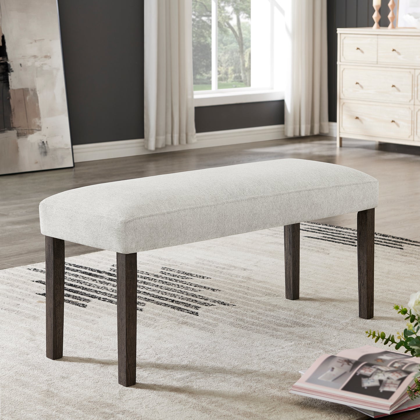 Roundhill Furniture Sorlen Modern 6-Piece Dining Set, 3D Faux Concrete Table with 4 Chairs and Bench