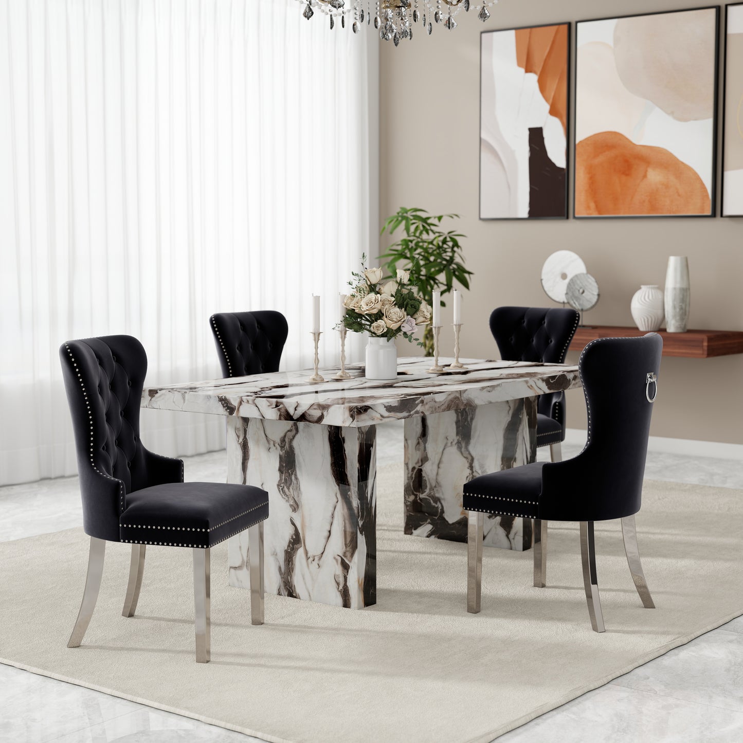 Roundhill Furniture Cavira 5-Piece Modern Dining Set, Faux Marble Dining Table with Four Chairs