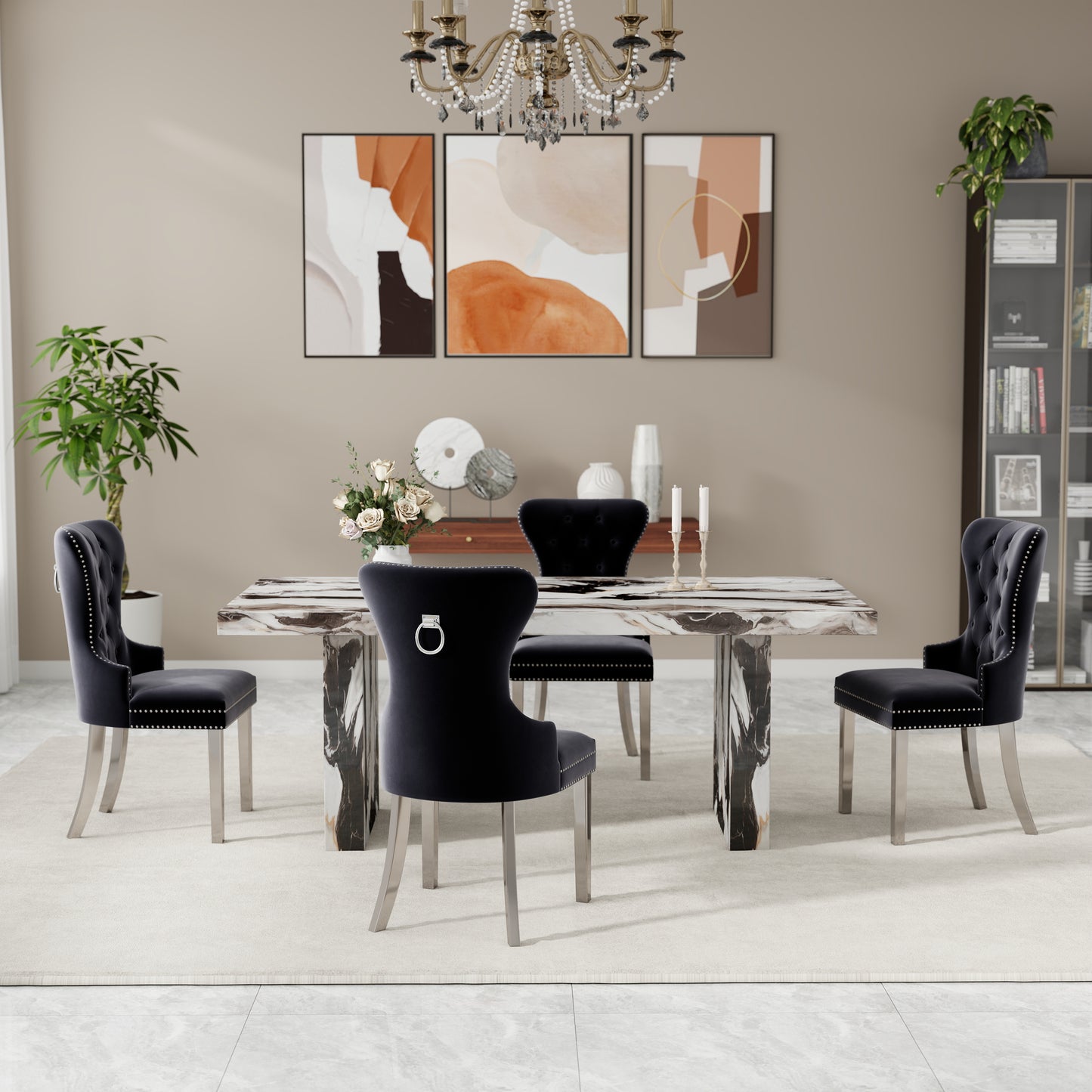 Roundhill Furniture Cavira 5-Piece Modern Dining Set, Faux Marble Dining Table with Four Chairs
