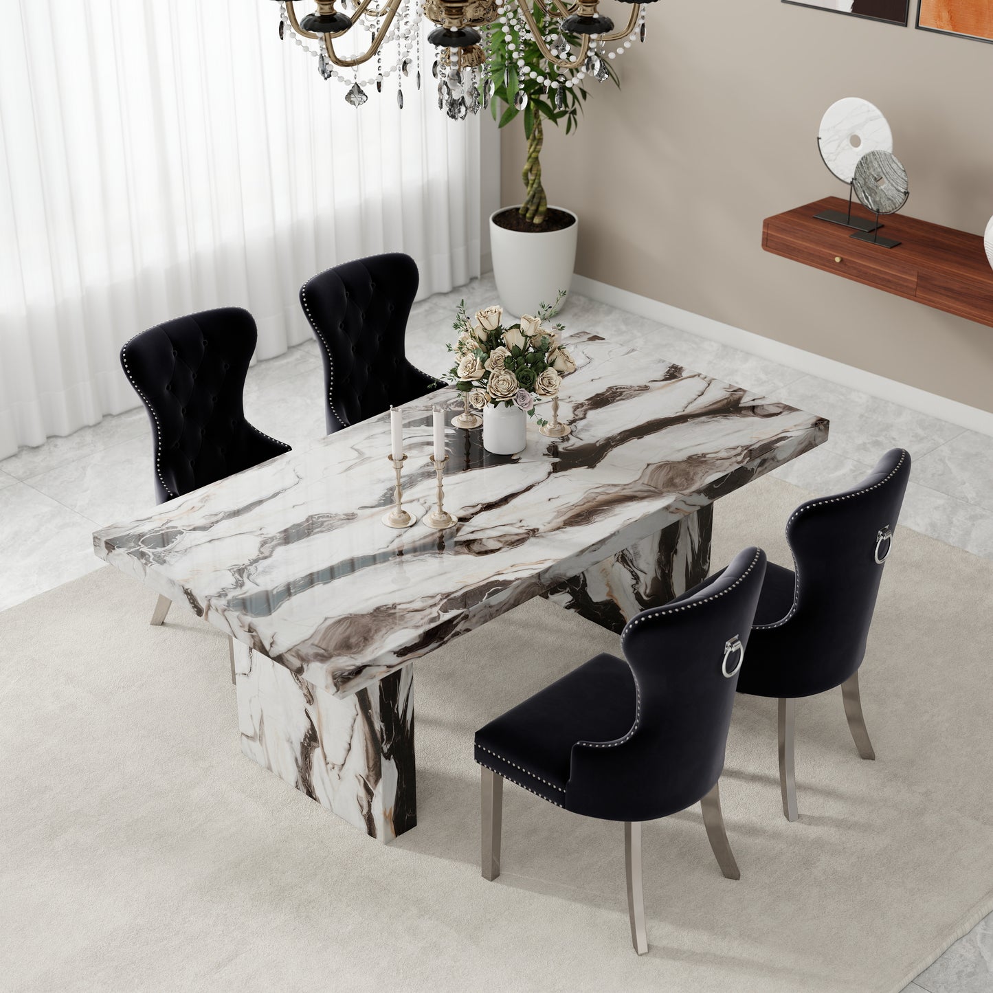 Roundhill Furniture Cavira 5-Piece Modern Dining Set, Faux Marble Dining Table with Four Chairs