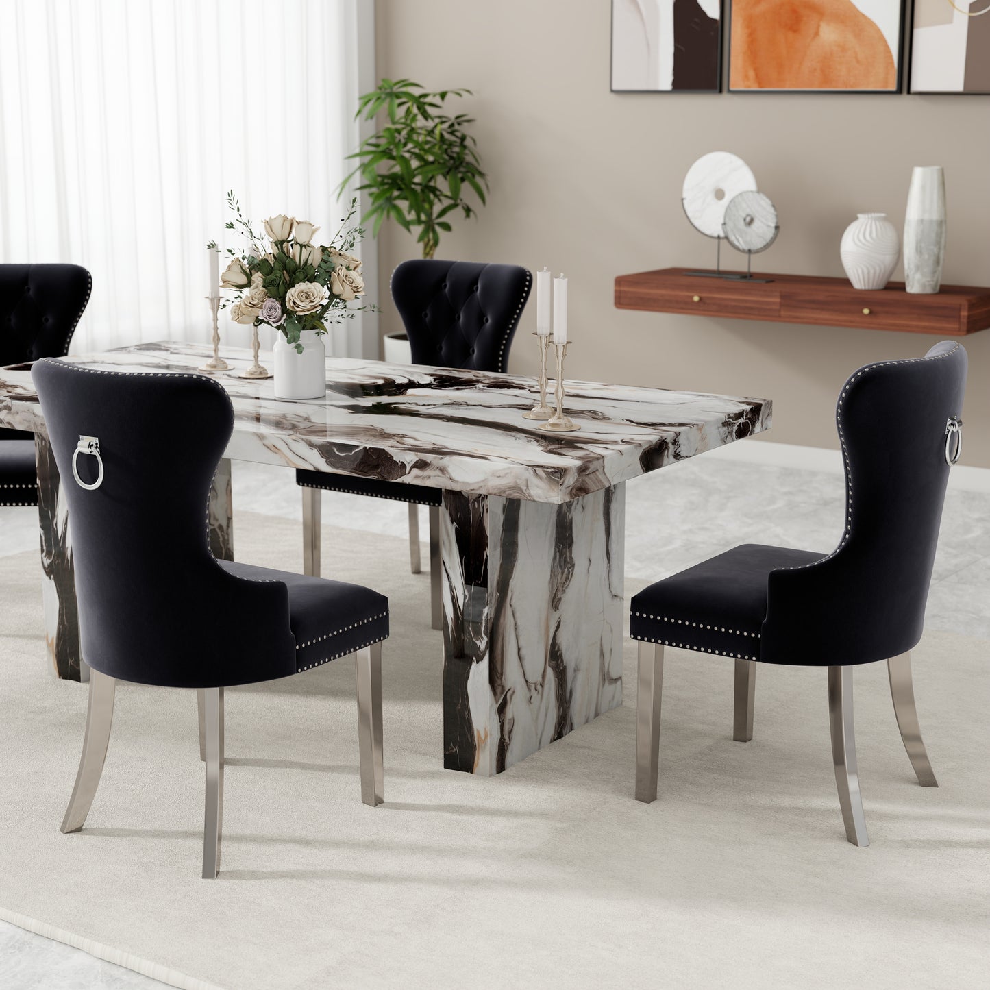 Roundhill Furniture Cavira 5-Piece Modern Dining Set, Faux Marble Dining Table with Four Chairs
