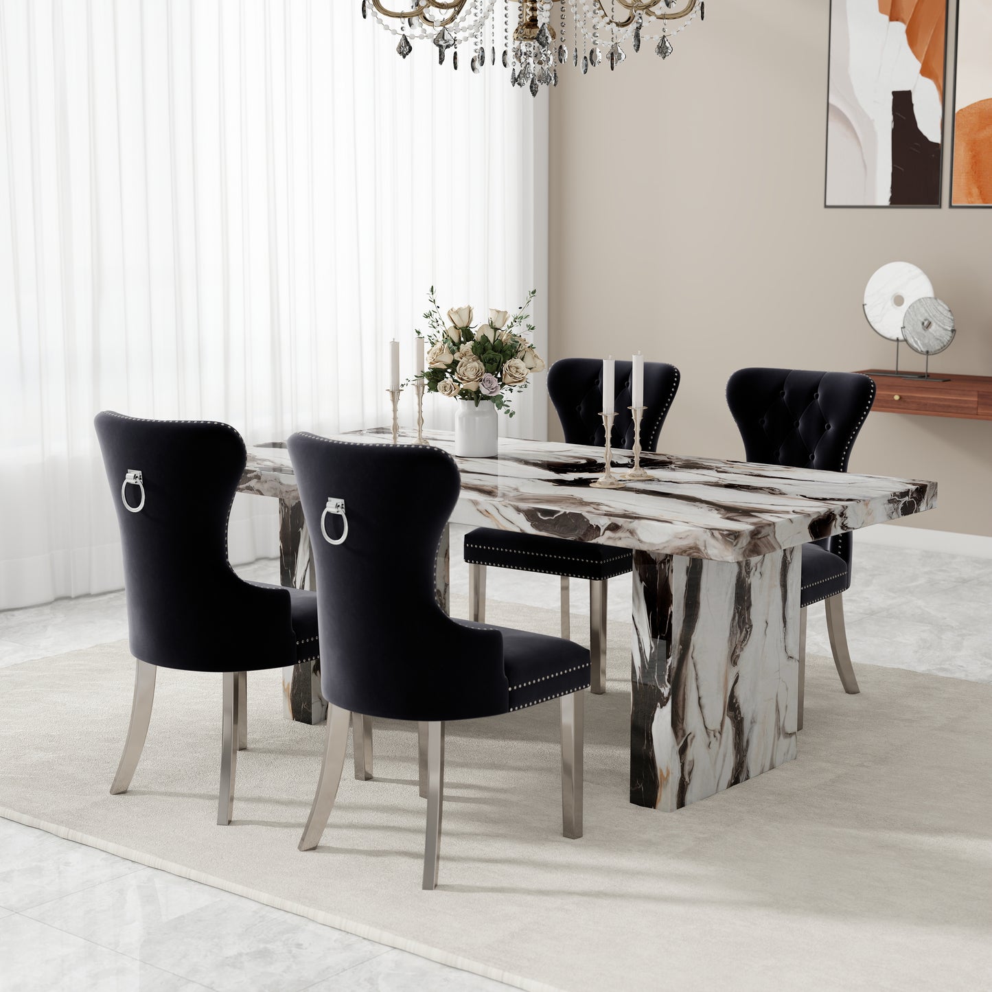 Roundhill Furniture Cavira 5-Piece Modern Dining Set, Faux Marble Dining Table with Four Chairs
