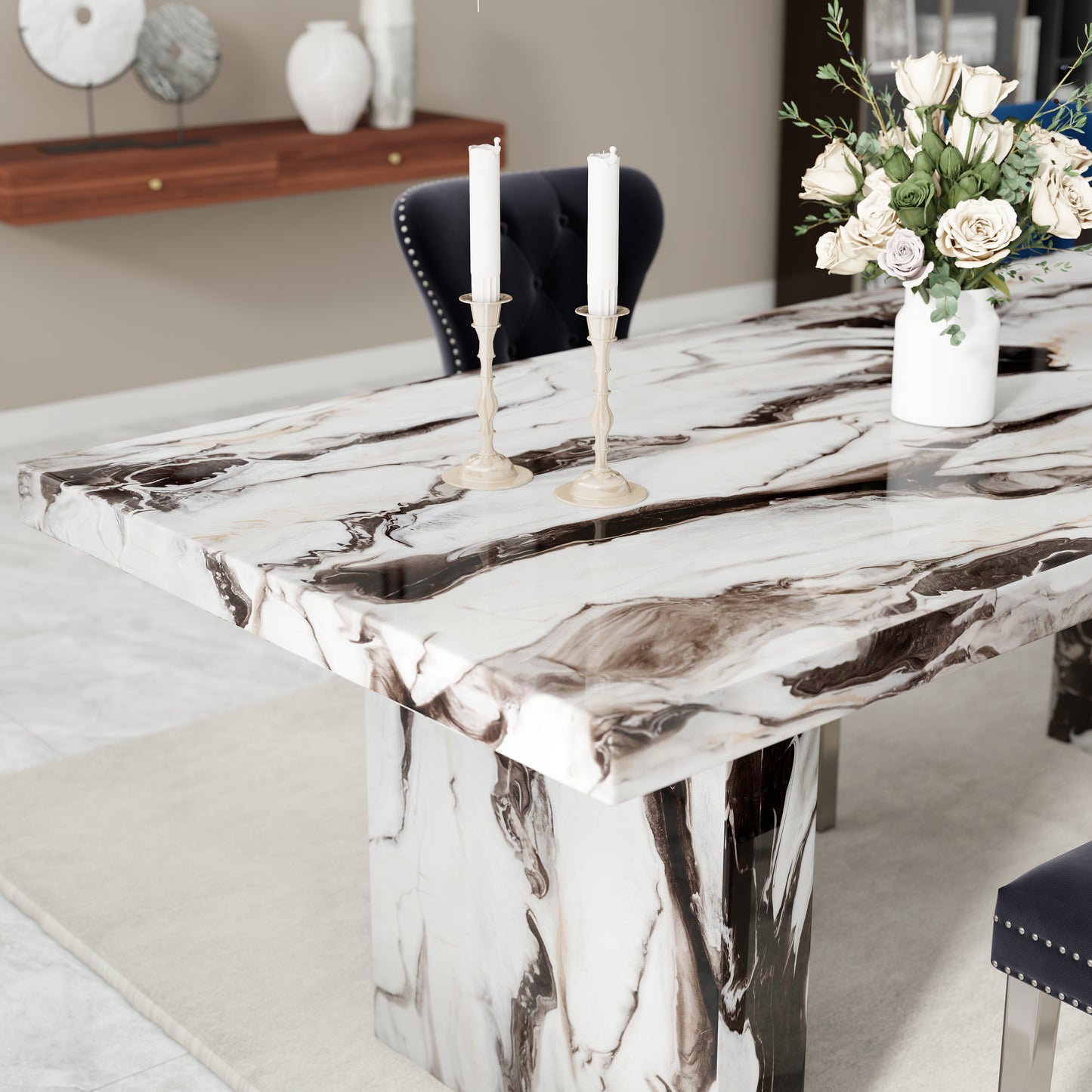 Roundhill Furniture Cavira 5-Piece Modern Dining Set, Faux Marble Dining Table with Four Chairs