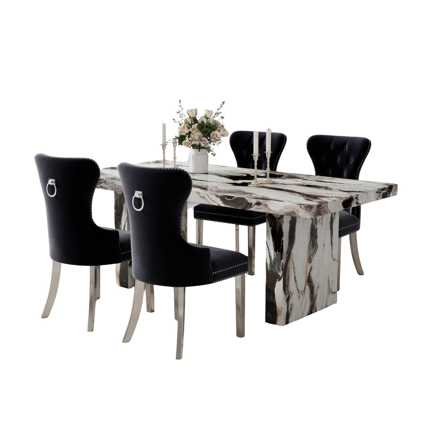 Roundhill Furniture Cavira 5-Piece Modern Dining Set, Faux Marble Dining Table with Four Chairs