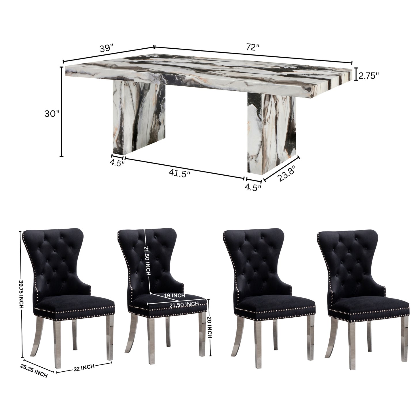 Roundhill Furniture Cavira 5-Piece Modern Dining Set, Faux Marble Dining Table with Four Chairs