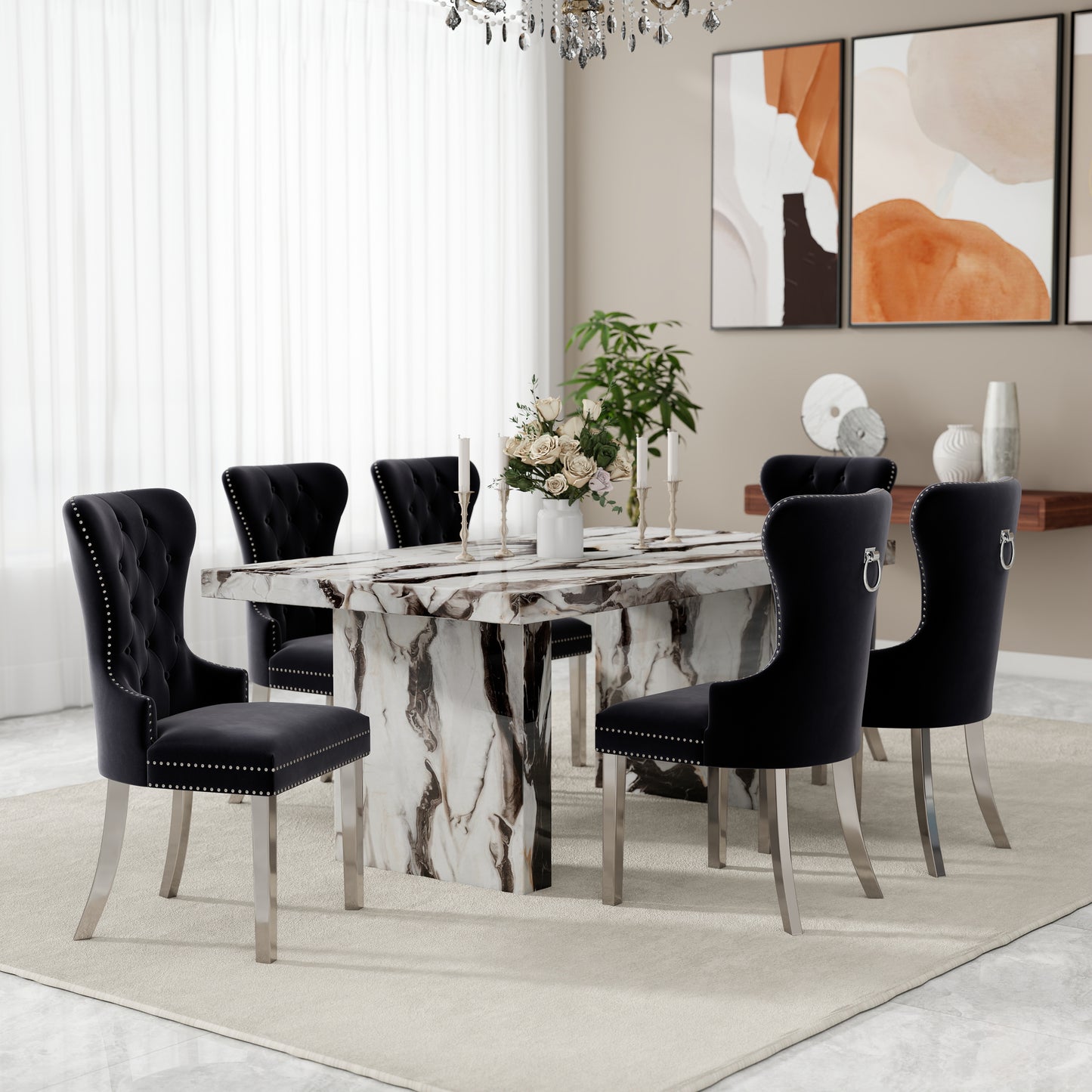 Roundhill Furniture Cavira 7-Piece Modern Dining Set, Faux Marble Dining Table with Four Chairs
