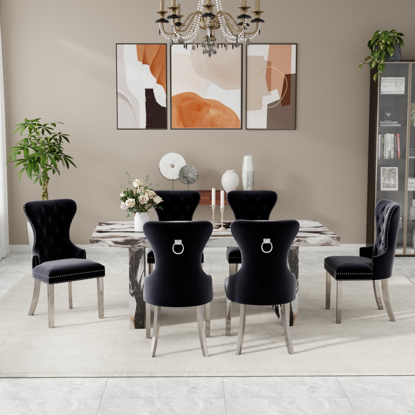 Roundhill Furniture Cavira 7-Piece Modern Dining Set, Faux Marble Dining Table with Four Chairs
