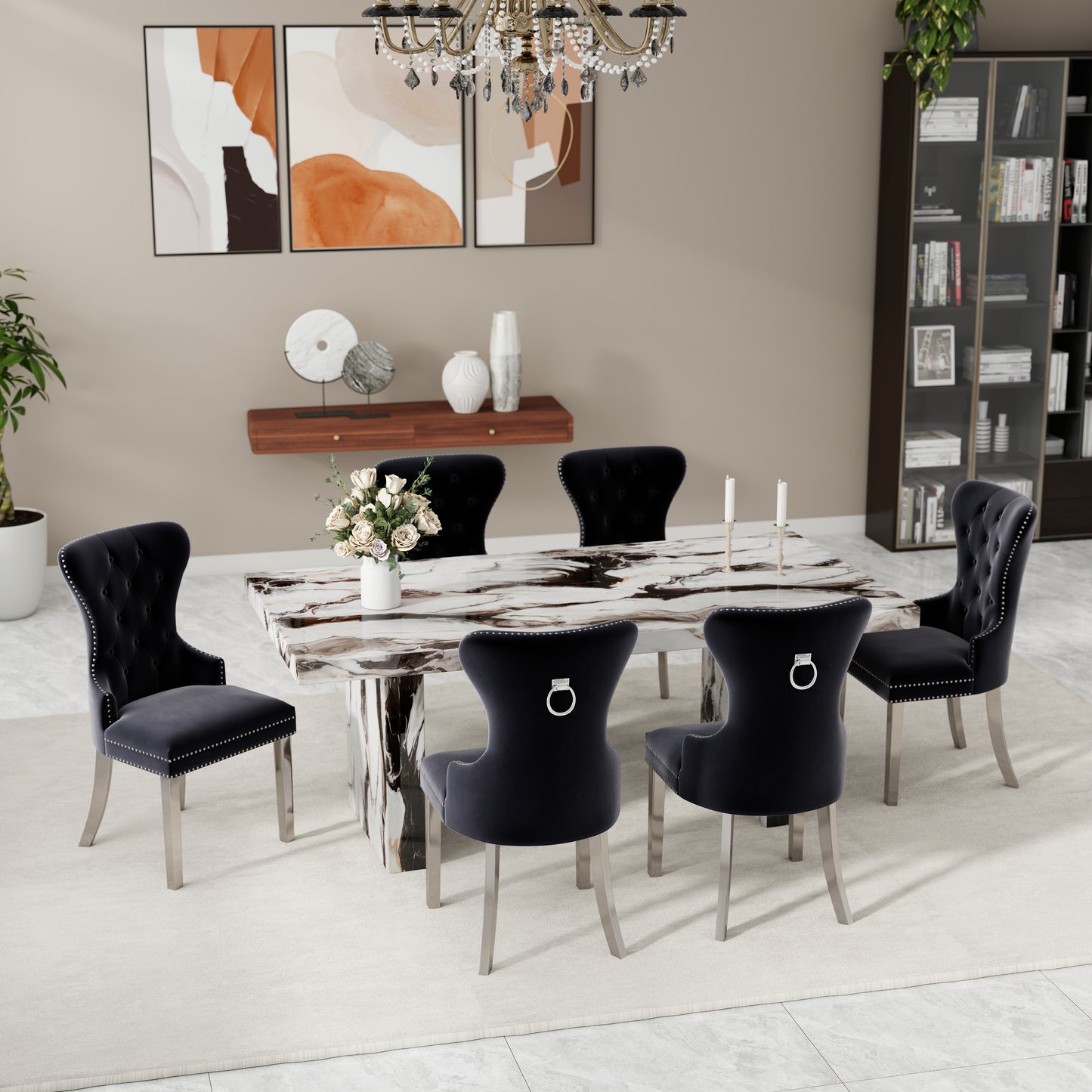 Roundhill Furniture Cavira 7-Piece Modern Dining Set, Faux Marble Dining Table with Four Chairs