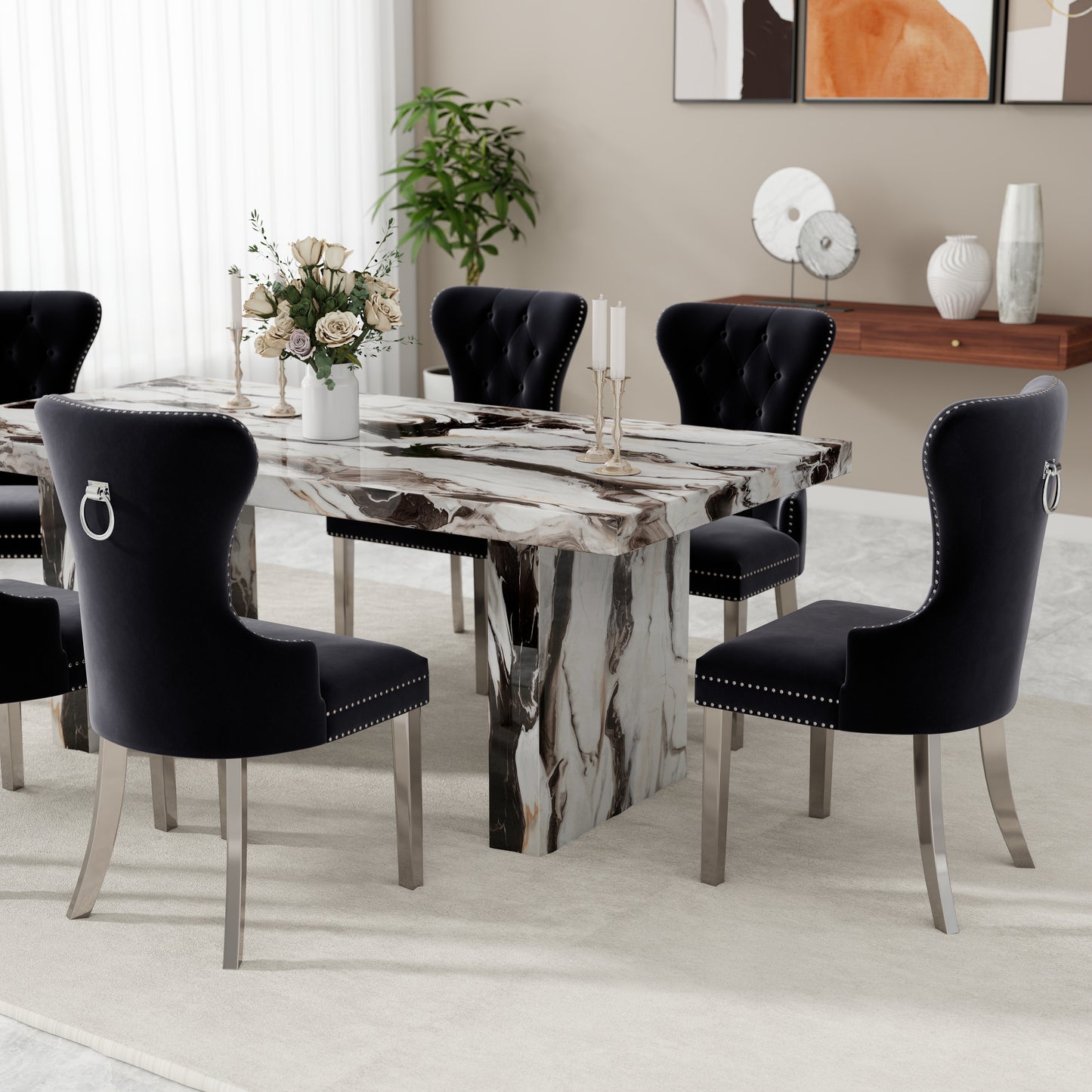 Roundhill Furniture Cavira 7-Piece Modern Dining Set, Faux Marble Dining Table with Four Chairs