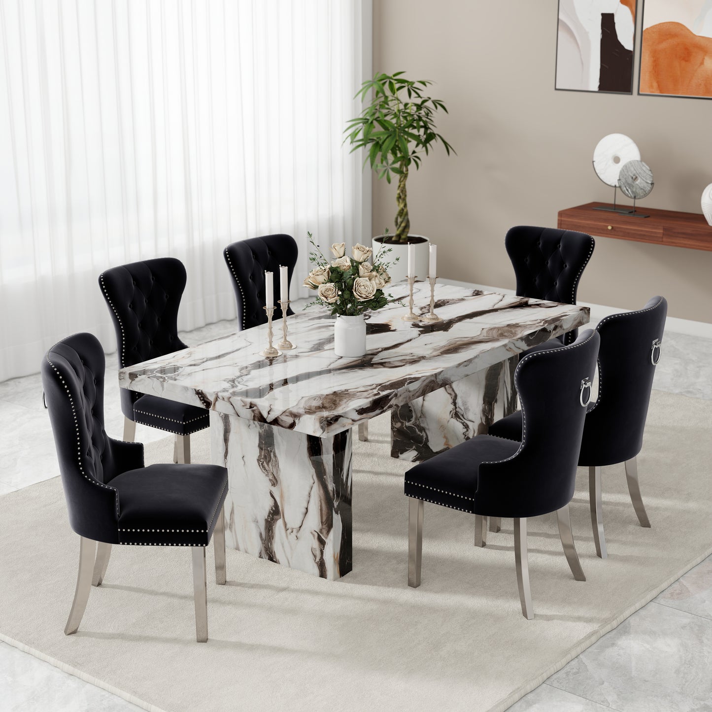 Roundhill Furniture Cavira 7-Piece Modern Dining Set, Faux Marble Dining Table with Four Chairs