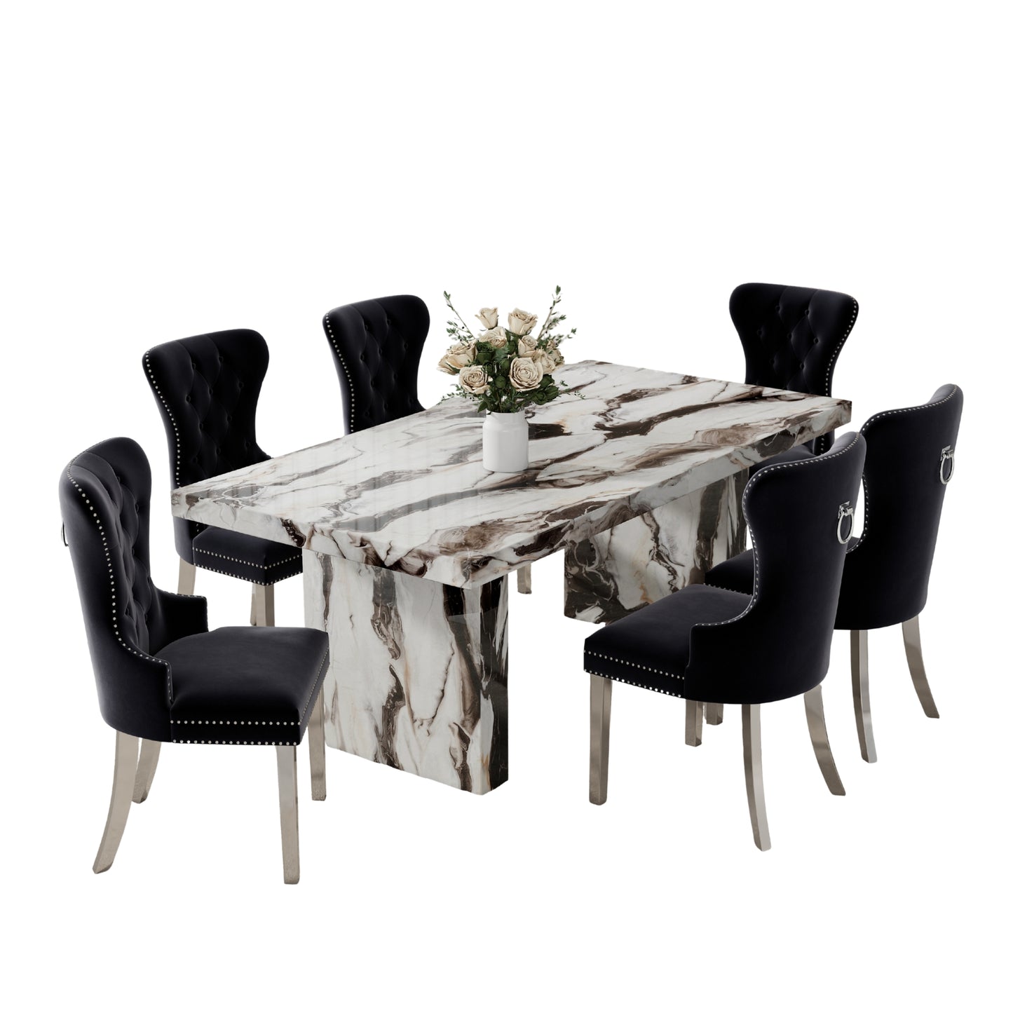 Roundhill Furniture Cavira 7-Piece Modern Dining Set, Faux Marble Dining Table with Four Chairs