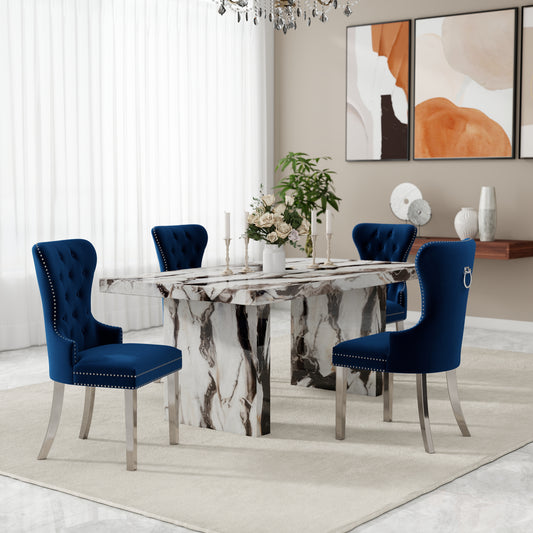 Roundhill Furniture Cavira 5-Piece Modern Dining Set, Faux Marble Dining Table with Four Chairs