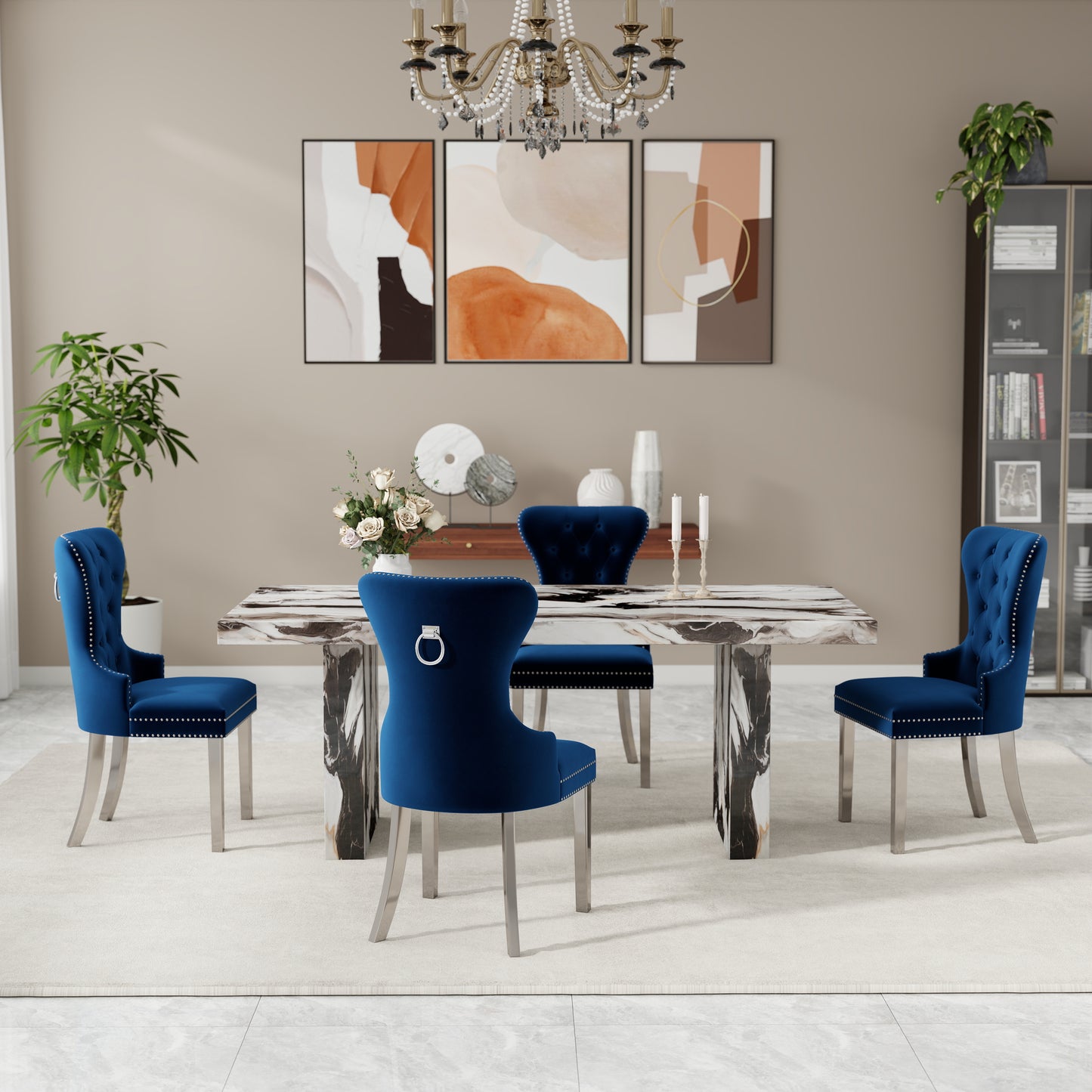 Roundhill Furniture Cavira 5-Piece Modern Dining Set, Faux Marble Dining Table with Four Chairs