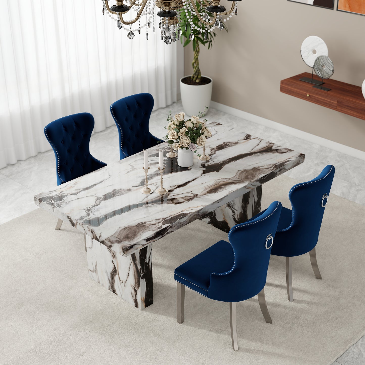 Roundhill Furniture Cavira 5-Piece Modern Dining Set, Faux Marble Dining Table with Four Chairs