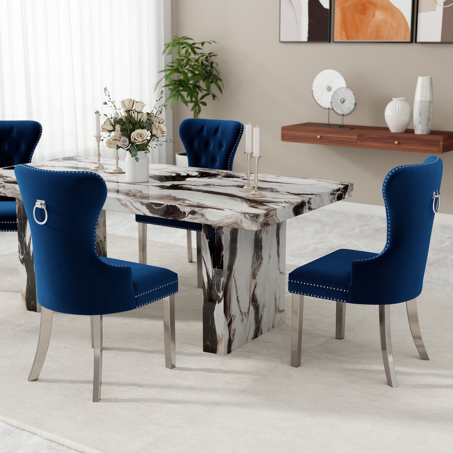 Roundhill Furniture Cavira 5-Piece Modern Dining Set, Faux Marble Dining Table with Four Chairs