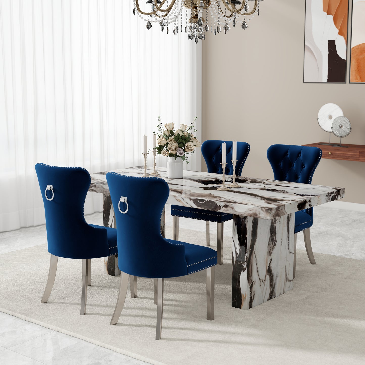 Roundhill Furniture Cavira 5-Piece Modern Dining Set, Faux Marble Dining Table with Four Chairs