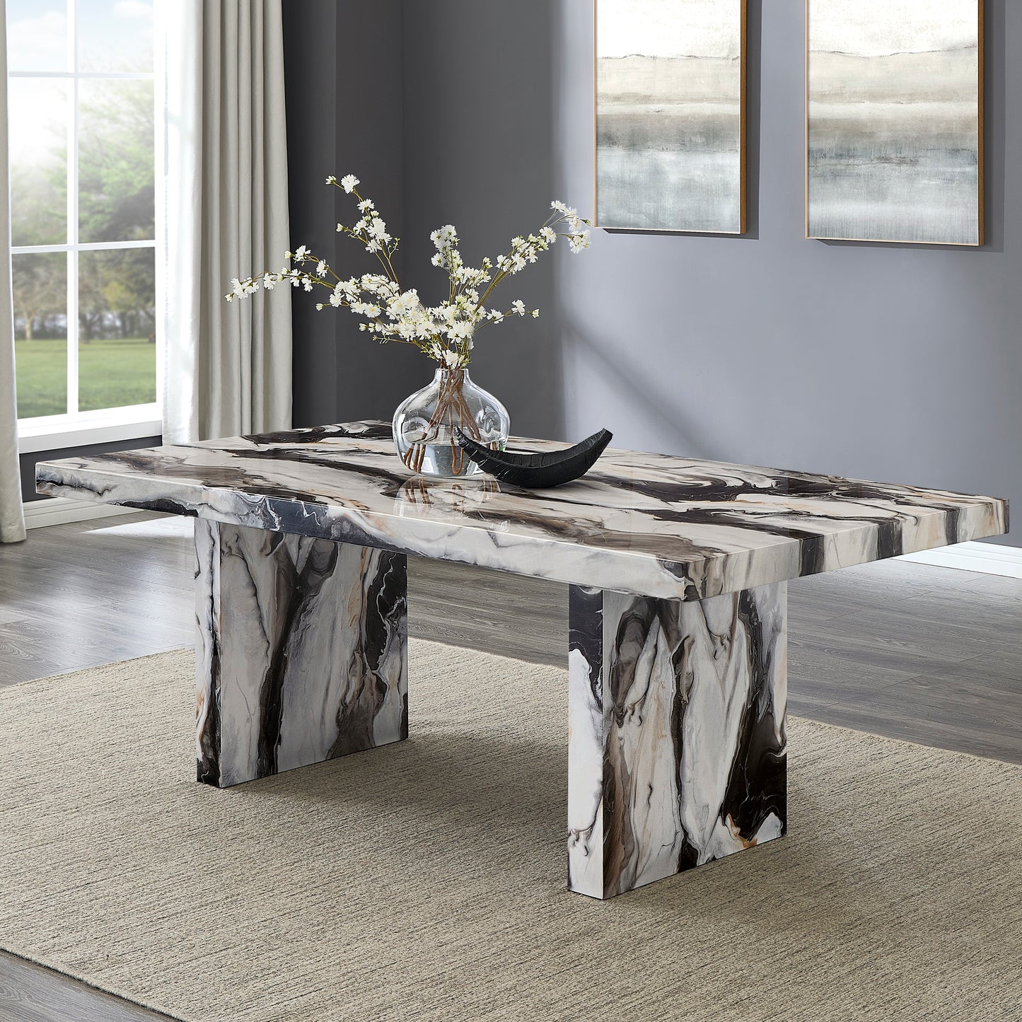 Roundhill Furniture Cavira 7-Piece Modern Dining Set, Faux Marble Dining Table with Four Chairs