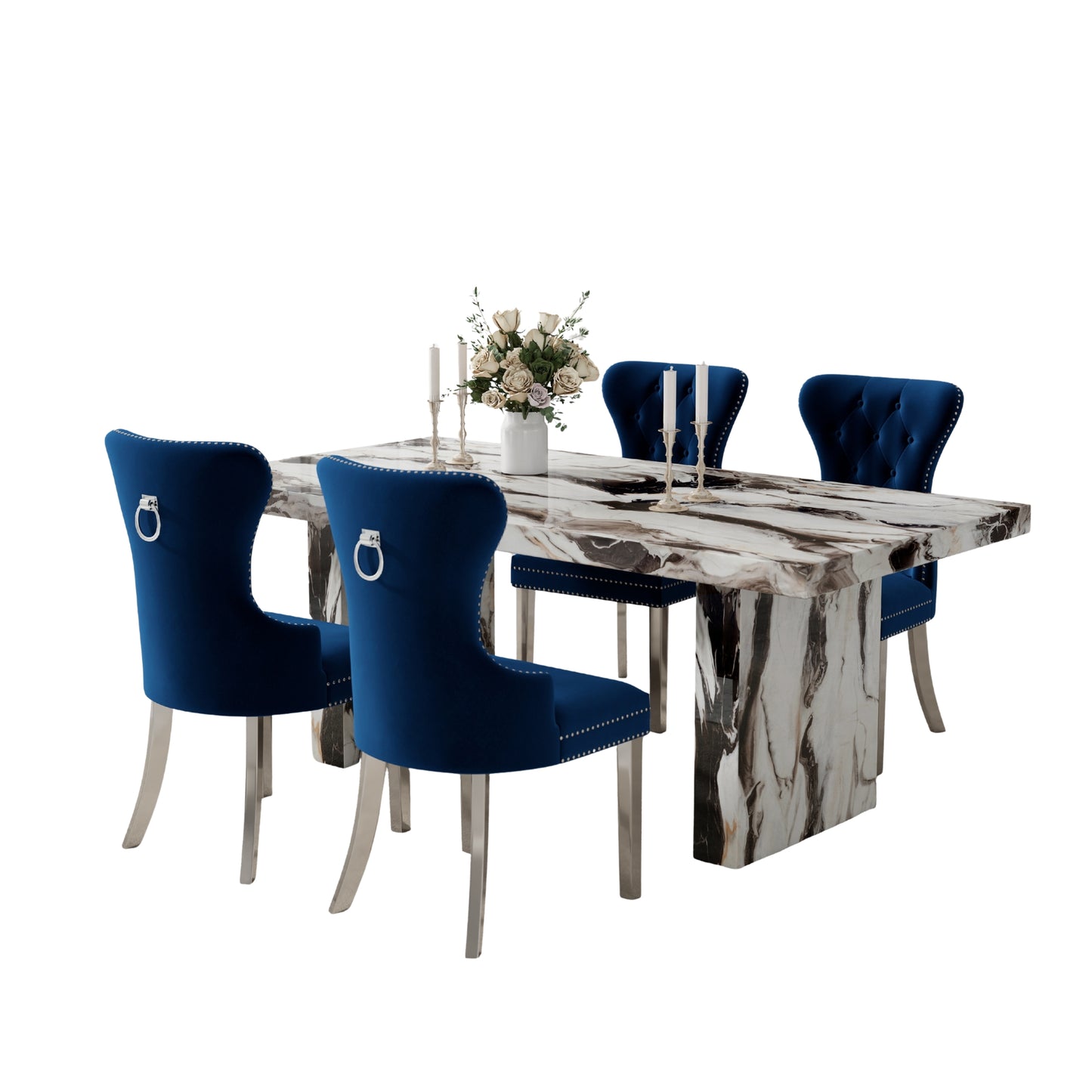 Roundhill Furniture Cavira 5-Piece Modern Dining Set, Faux Marble Dining Table with Four Chairs