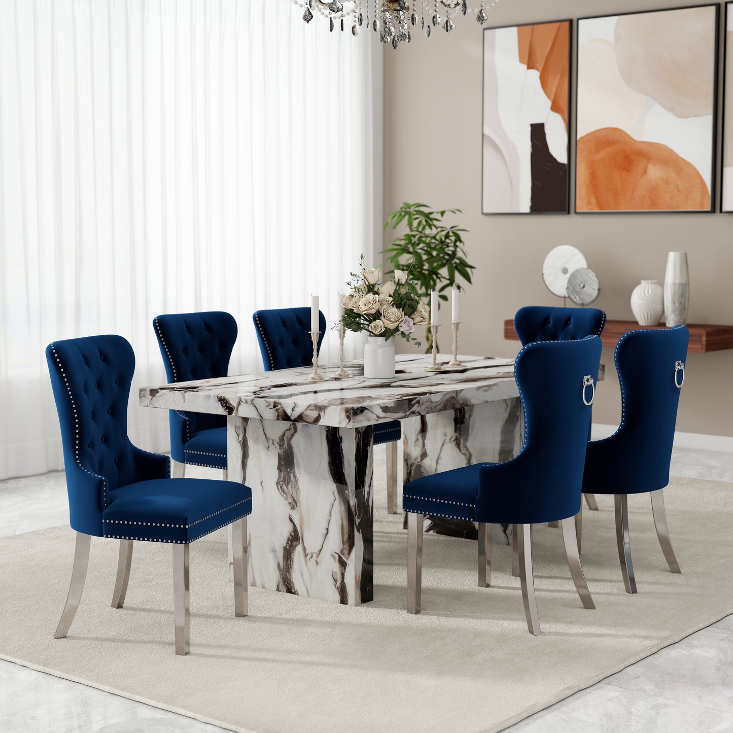 Roundhill Furniture Cavira 7-Piece Modern Dining Set, Faux Marble Dining Table with Four Chairs