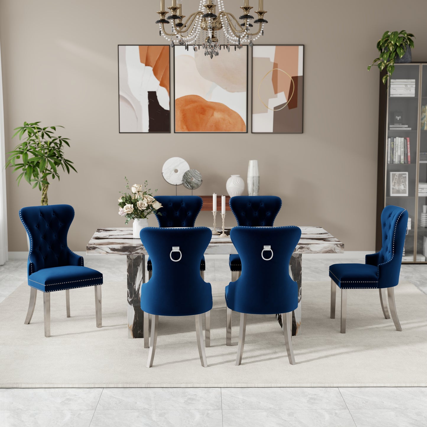 Roundhill Furniture Cavira 7-Piece Modern Dining Set, Faux Marble Dining Table with Four Chairs