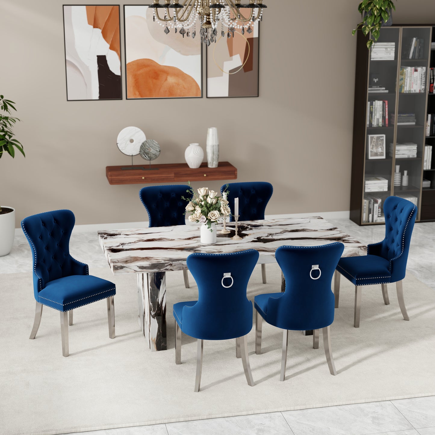 Roundhill Furniture Cavira 7-Piece Modern Dining Set, Faux Marble Dining Table with Four Chairs