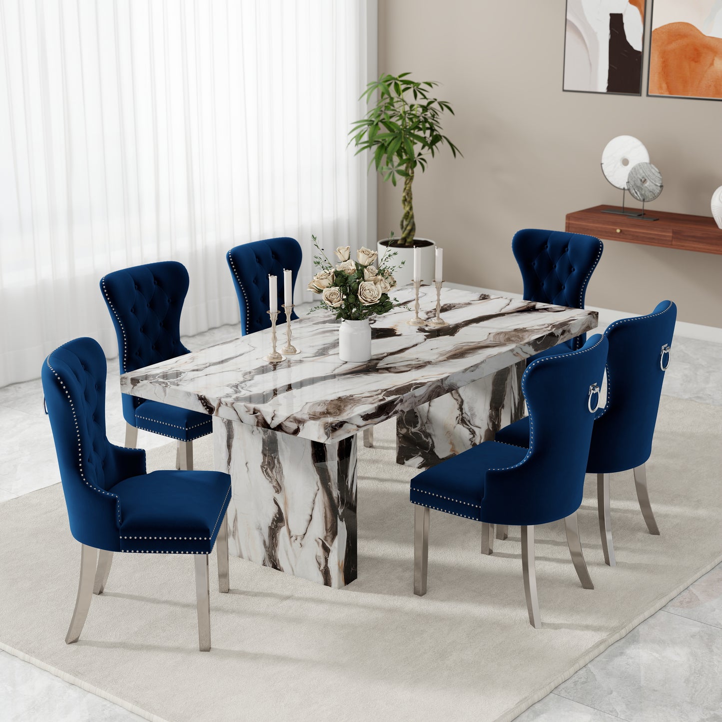 Roundhill Furniture Cavira 7-Piece Modern Dining Set, Faux Marble Dining Table with Four Chairs