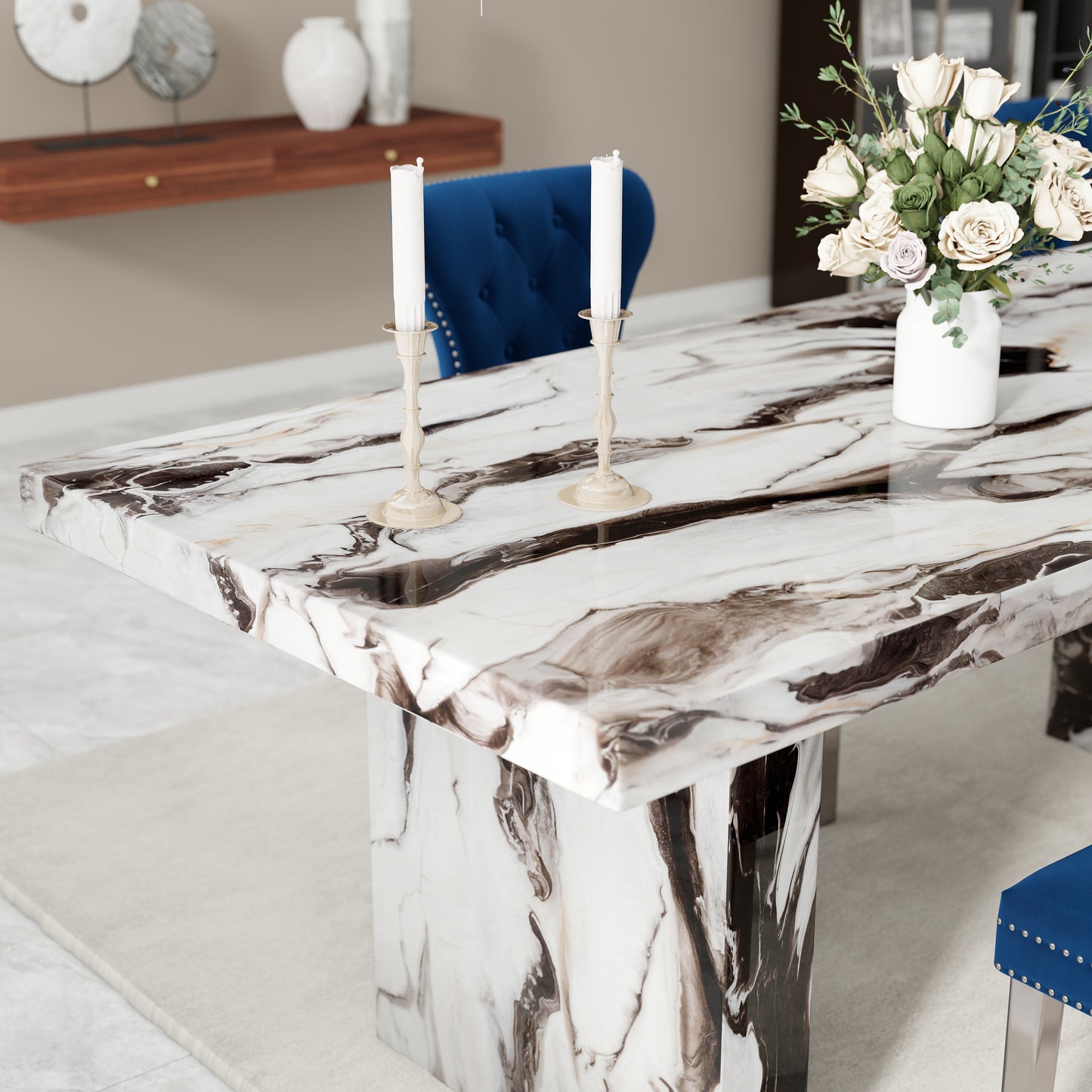 Roundhill Furniture Cavira 7-Piece Modern Dining Set, Faux Marble Dining Table with Four Chairs